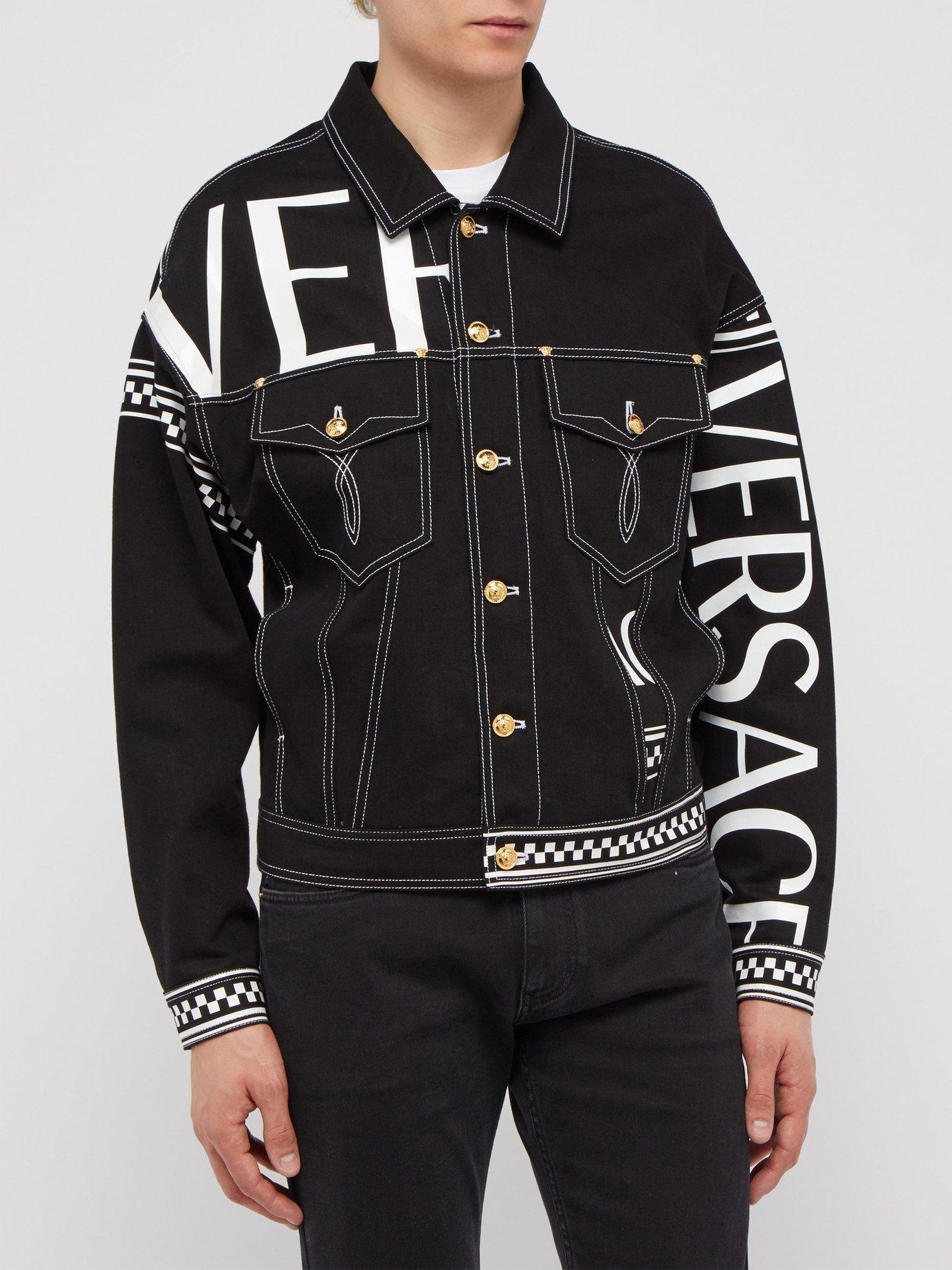 Versace Logo Check Print Denim Jacket in Black for Men | Lyst