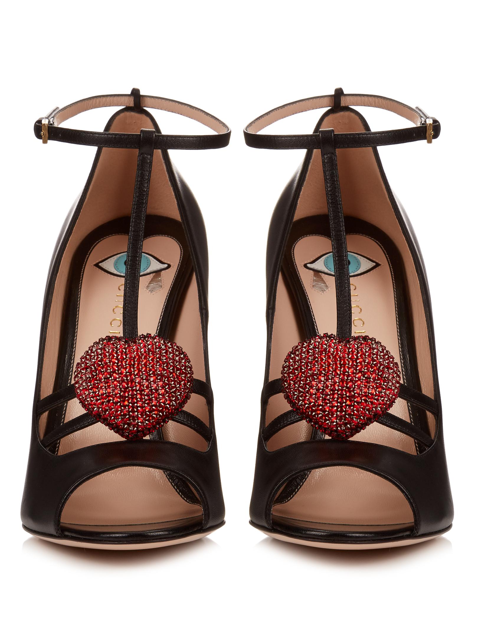 Gucci Molina Heart-embellished Leather Pumps in Black | Lyst