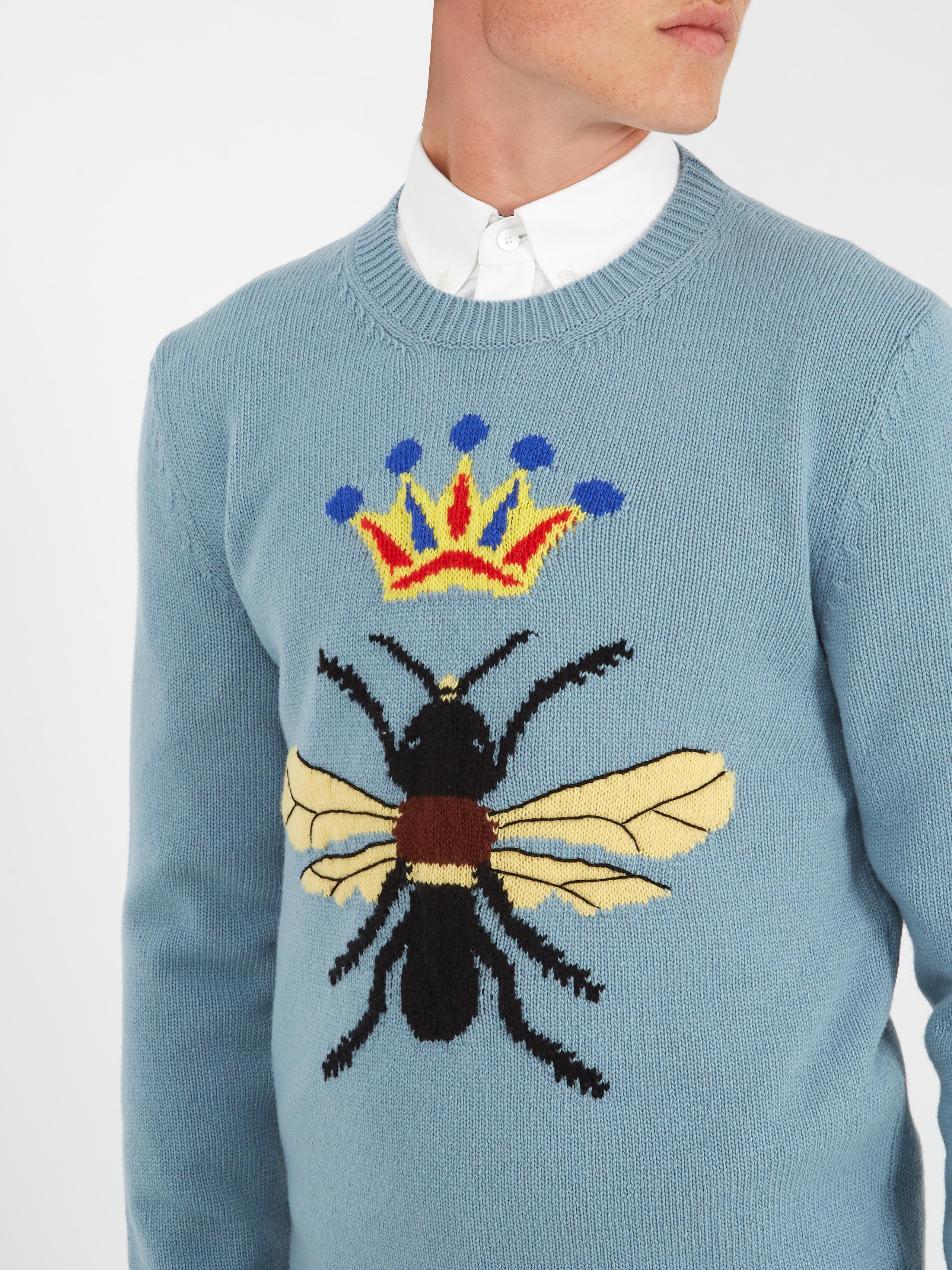 Gucci Bee And Crown-intarsia Sweater Blue for Men - Lyst