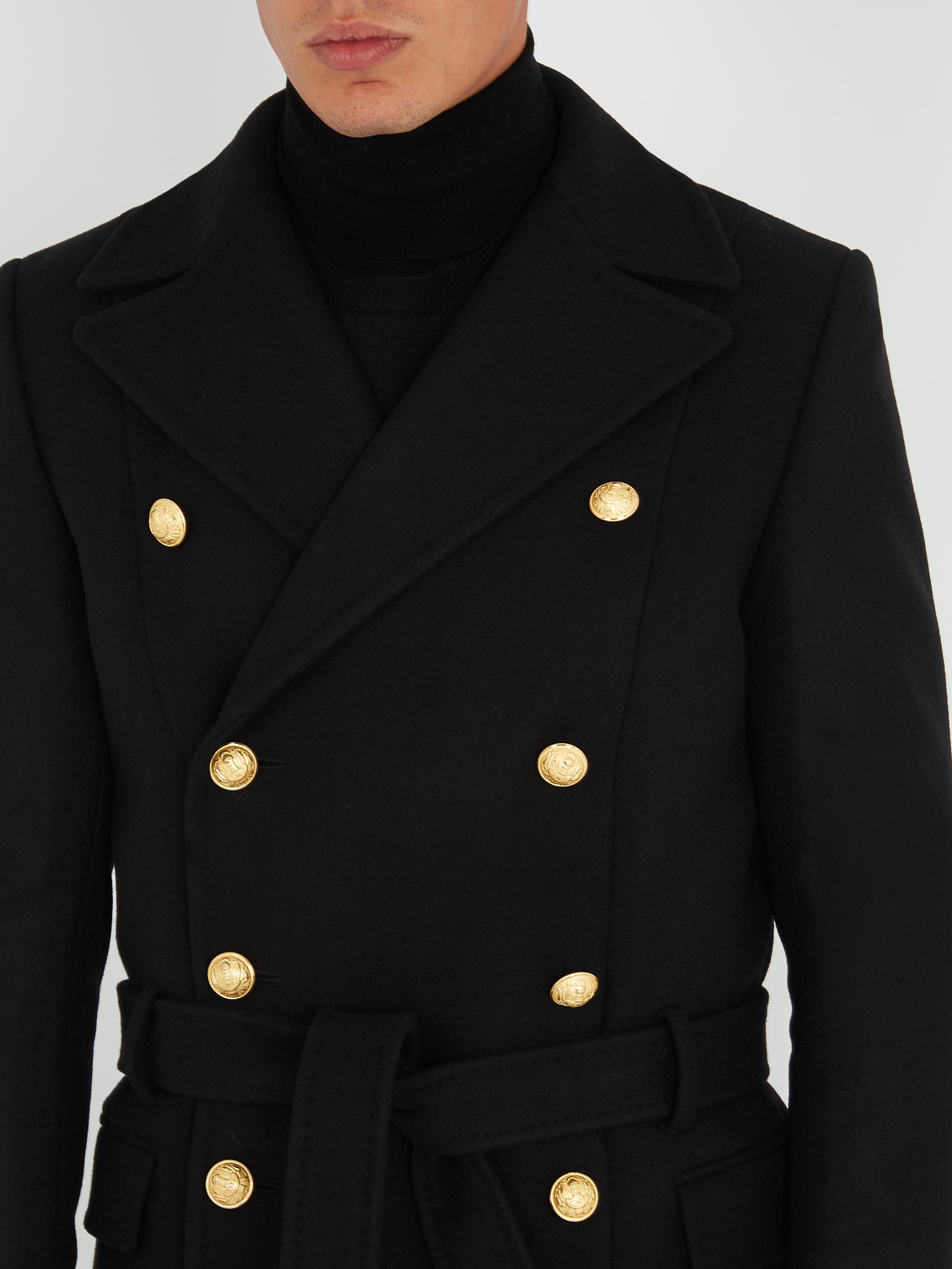 Balmain Double-breasted Wool-blend Military Coat in Black for Men - Lyst