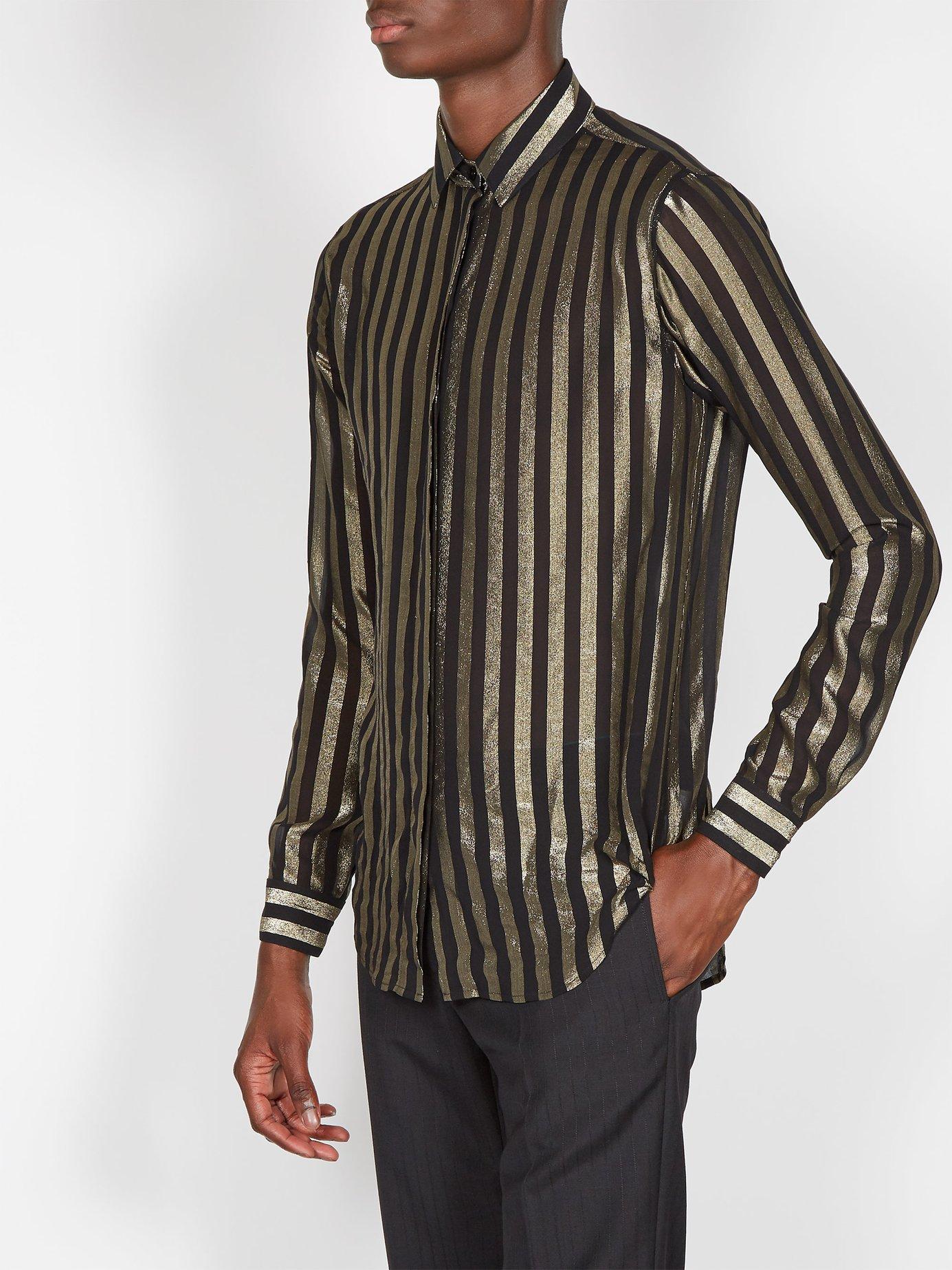 Saint Laurent Stripe Print Silk Blend Shirt in Black Gold (Black 