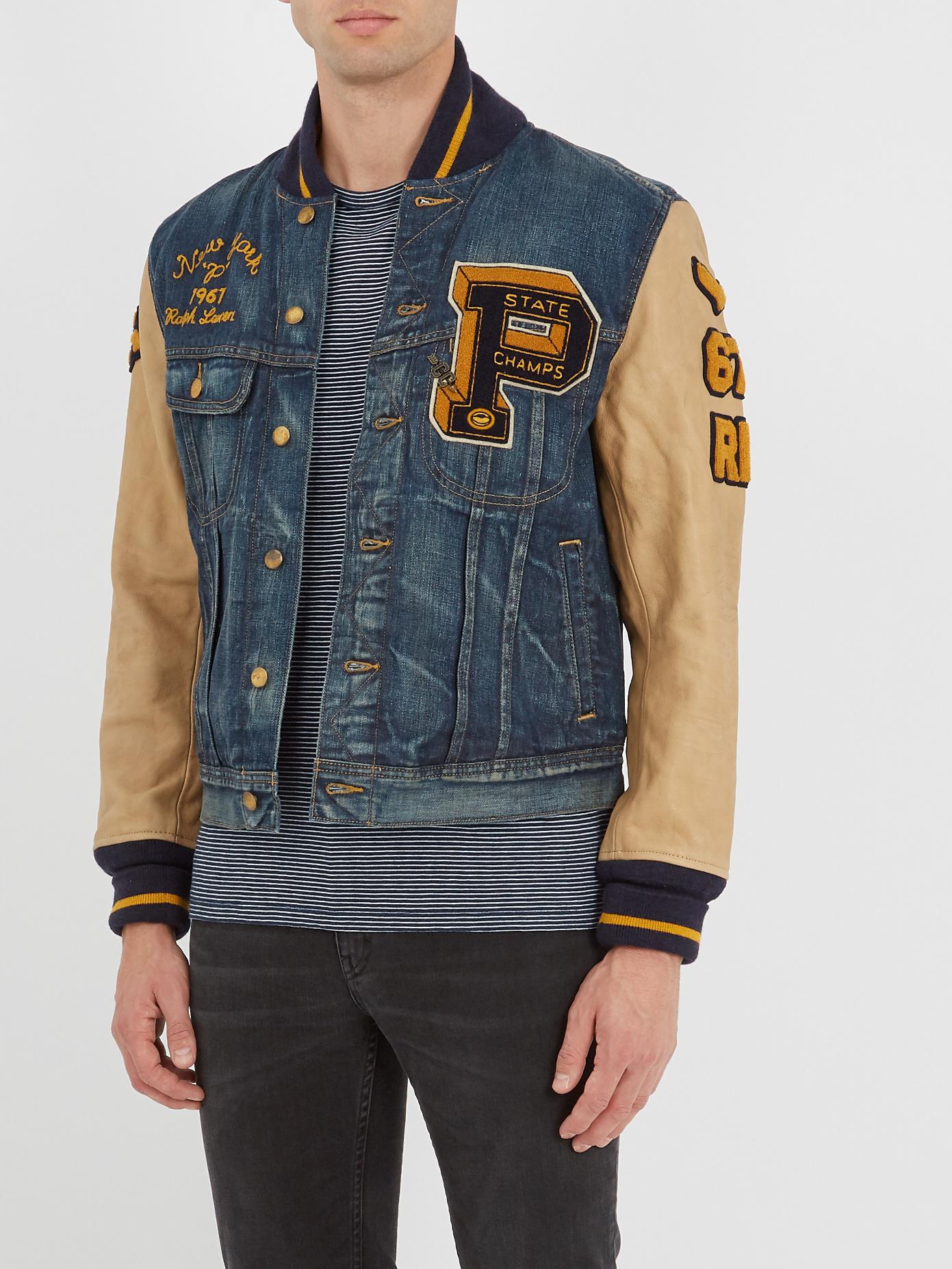 Polo Ralph Lauren Leather-sleeved Denim Varsity Jacket in Blue for Men |  Lyst