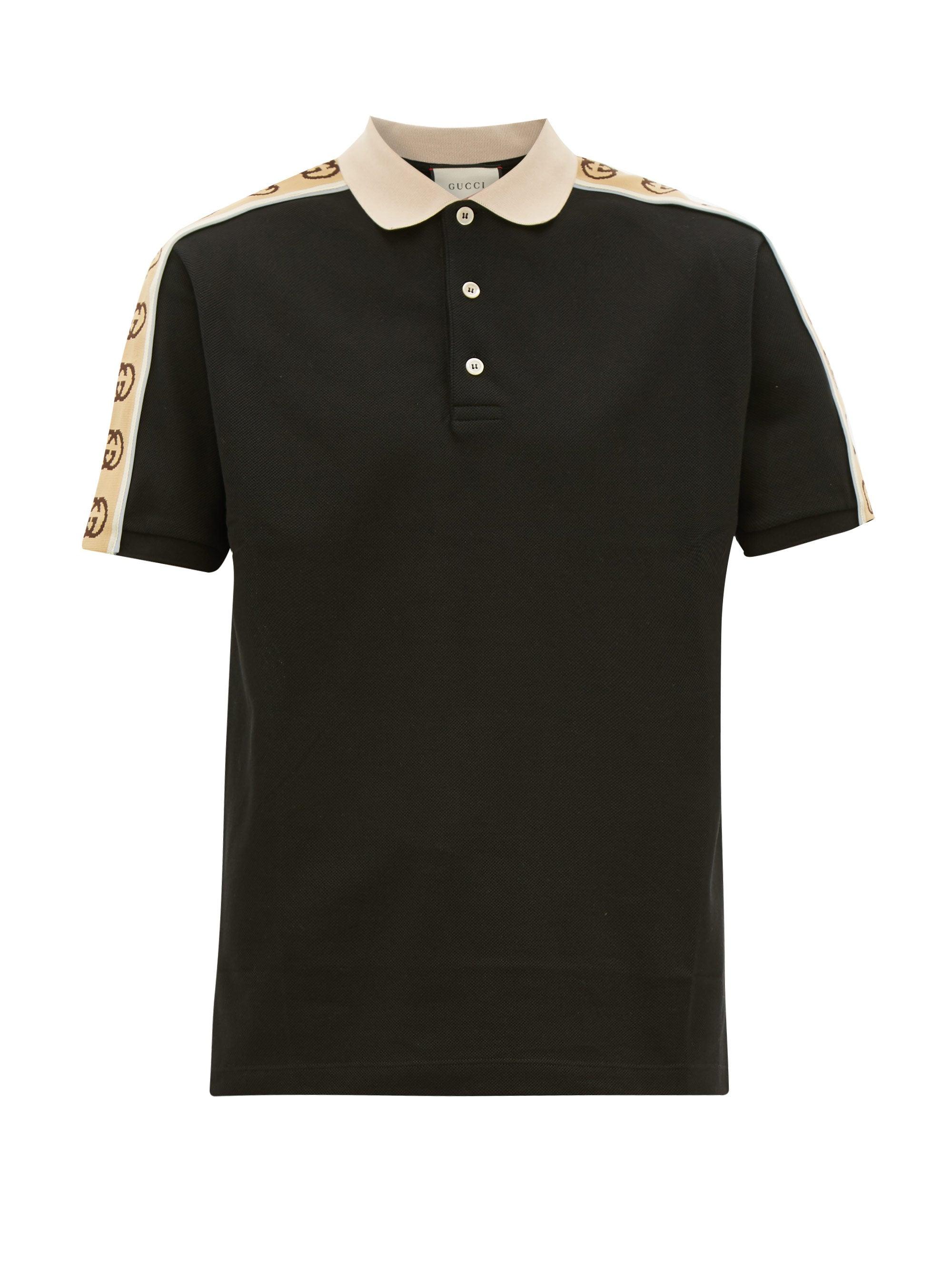 Gucci Logo Stripe Cotton-piqué Polo Shirt in Black for Men - Lyst