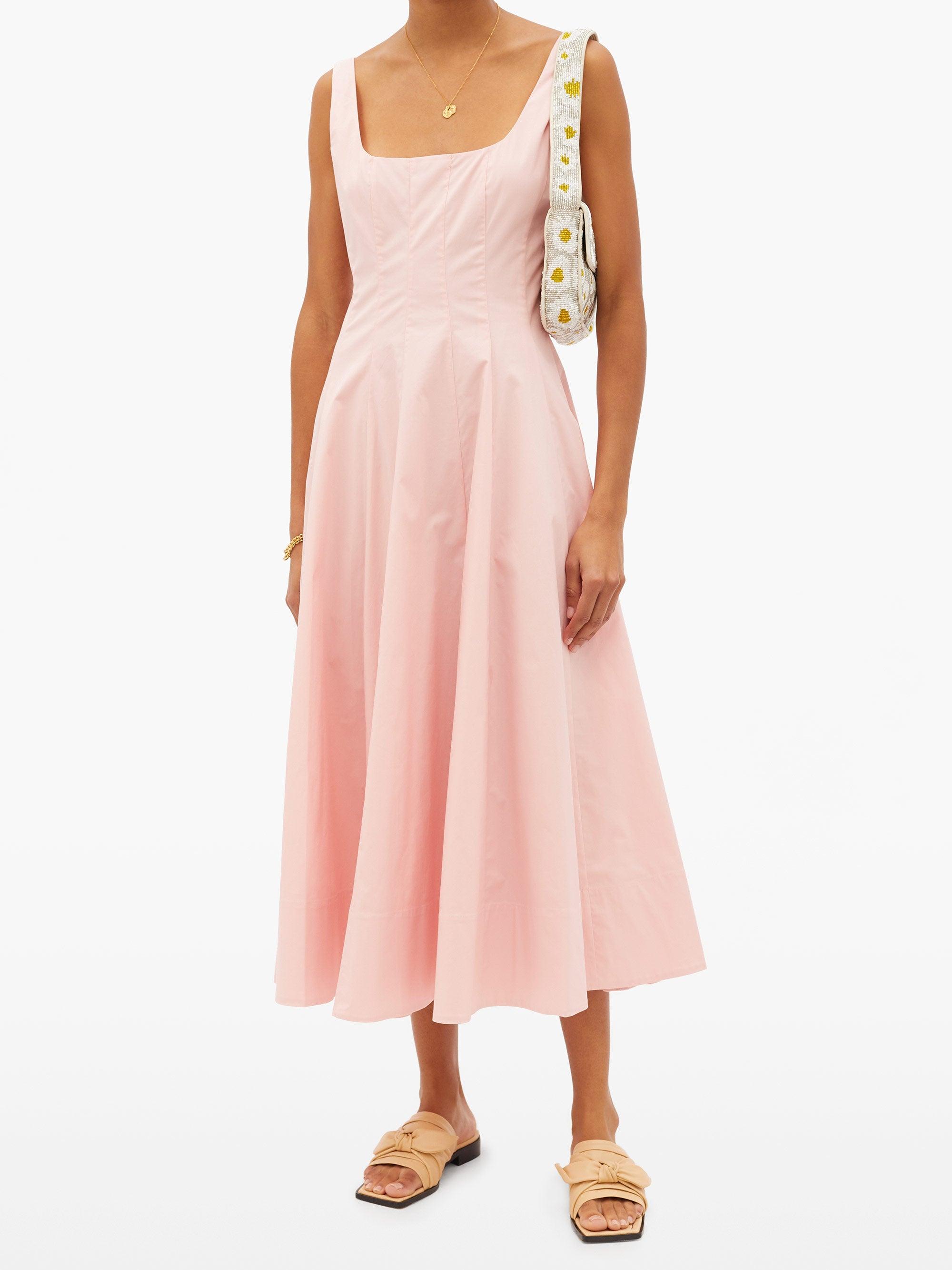 STAUD Wells Dart-tucked Cotton-blend Poplin Midi Dress in Light Pink ...