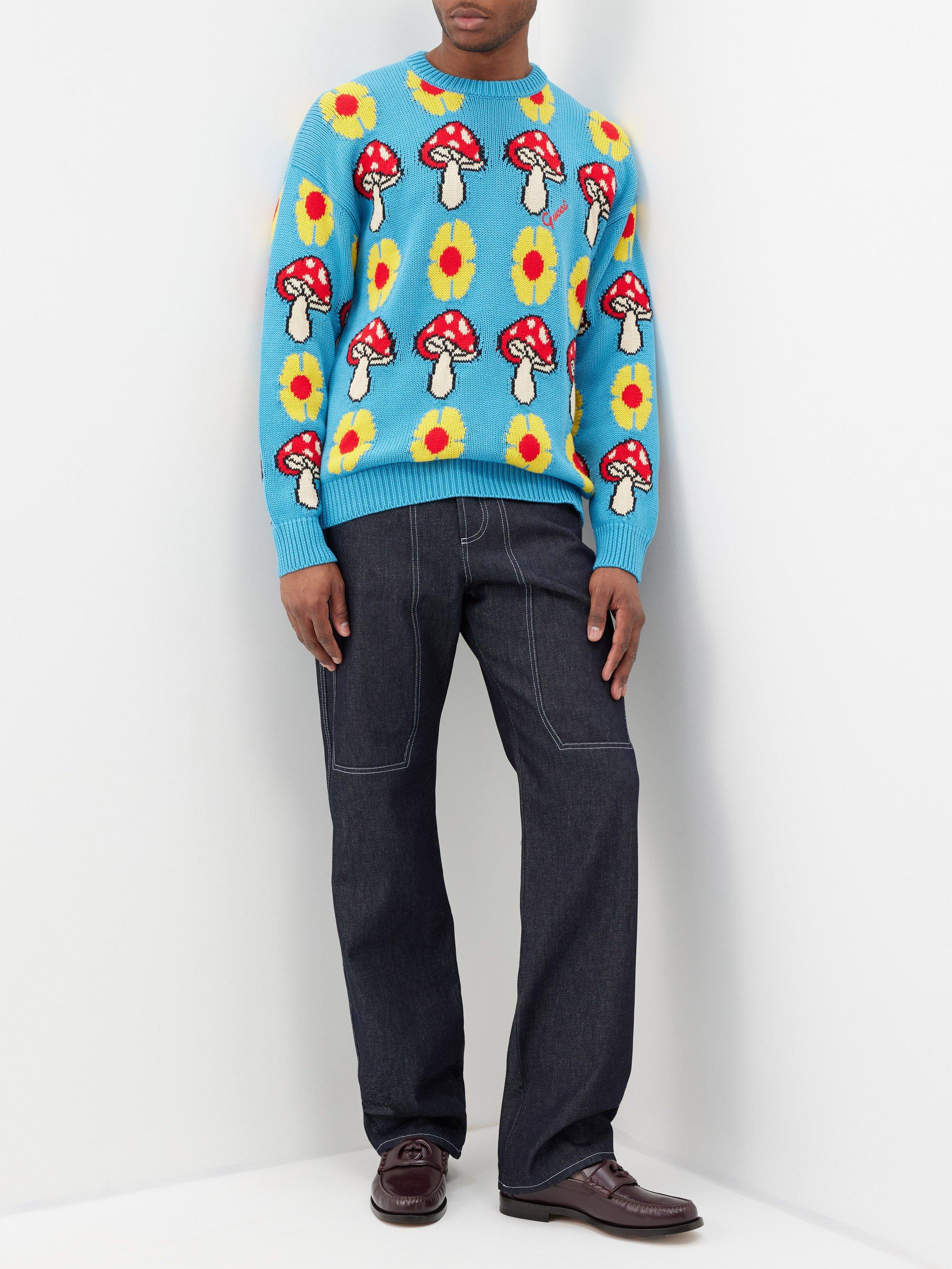 Gucci Mushroom-jacquard Cotton-blend Sweater in Blue for Men | Lyst