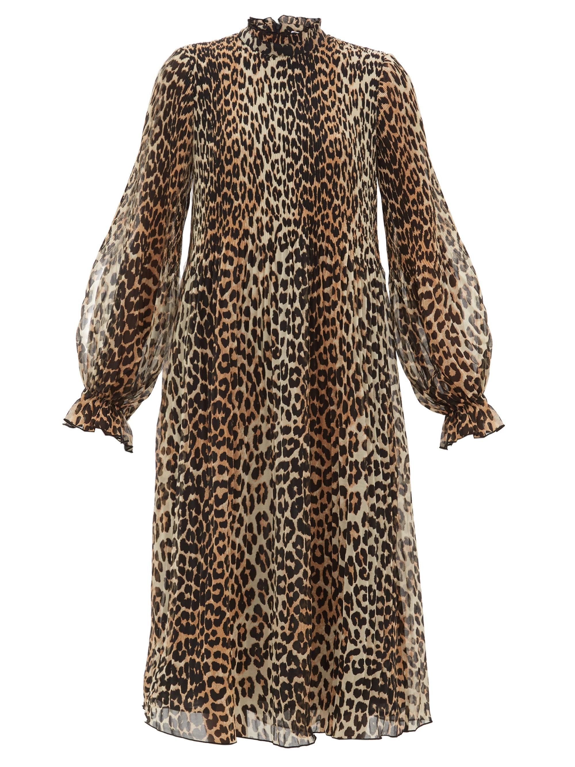 Ganni Leopard-print Plissé-georgette Dress in Brown | Lyst