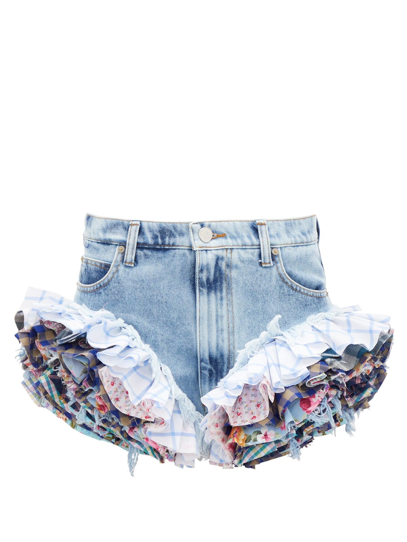 Natasha Zinko Ruffle-trimmed Washed-denim Shorts in Blue | Lyst