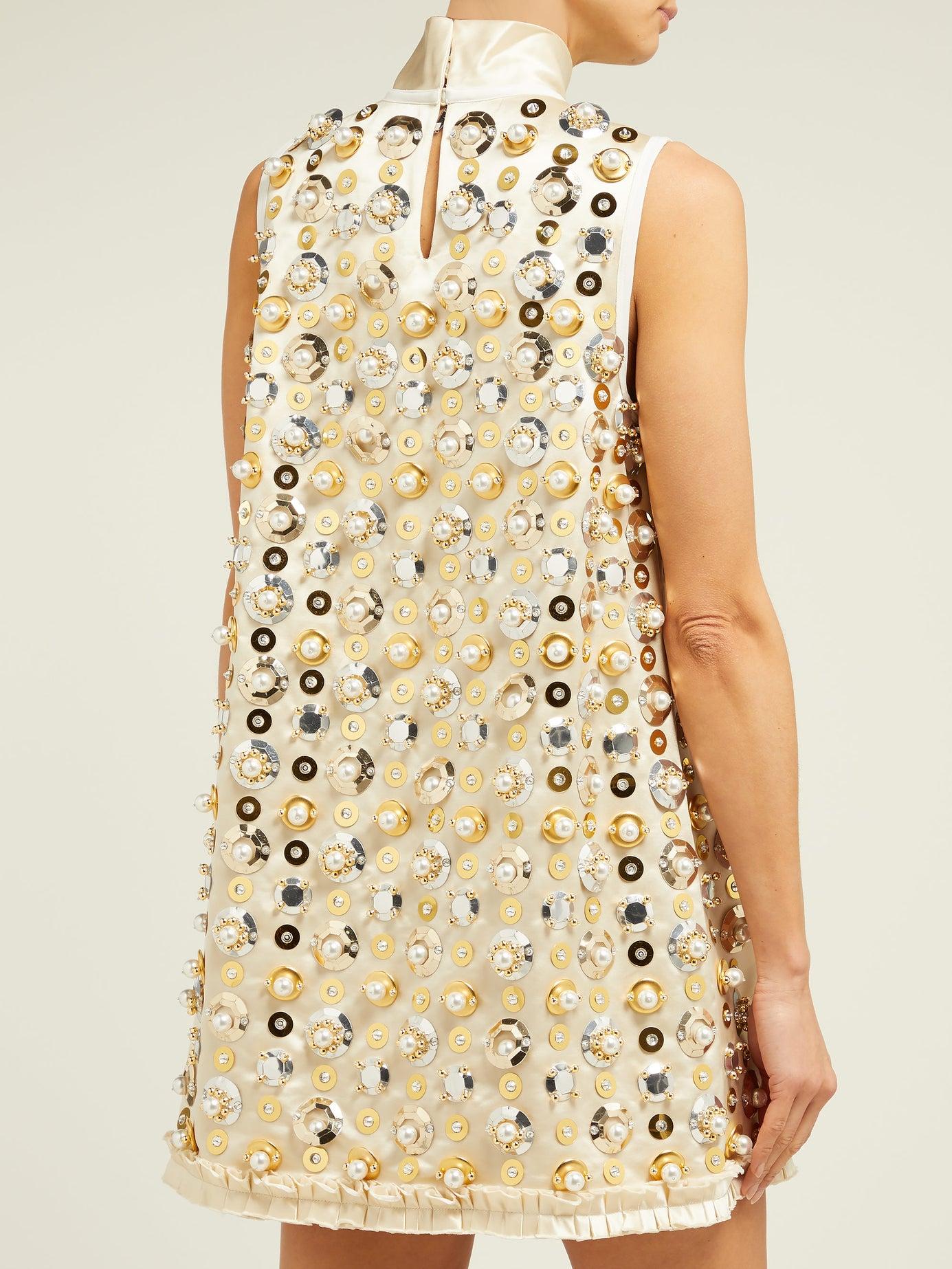 Miu Miu Pearl And Sequin Embellished Satin Mini Dress In Natural Lyst