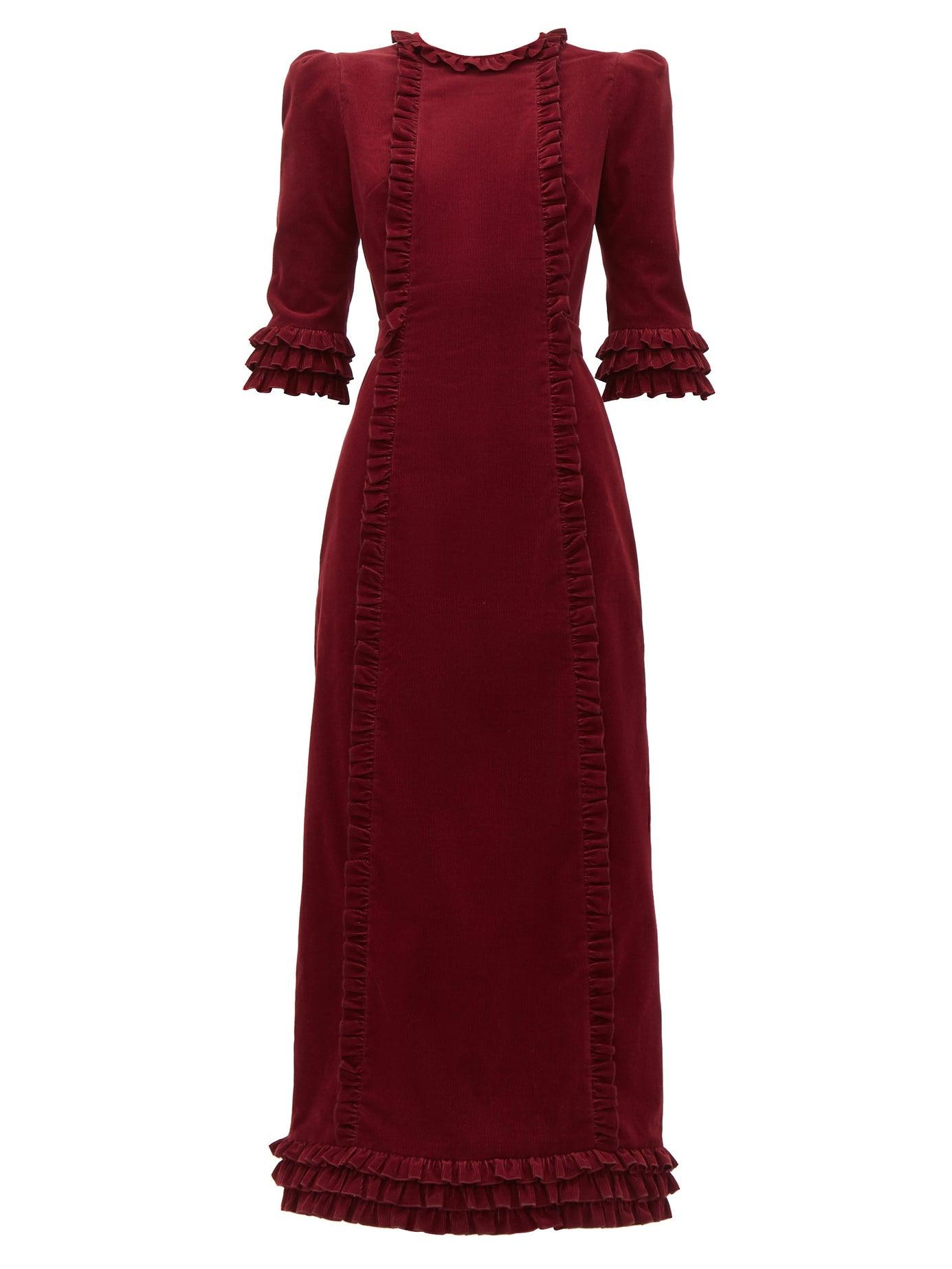 The Vampire's Wife Cate Ruffle-trimmed Cotton-corduroy Midi Dress in Burgundy (Red) - Lyst