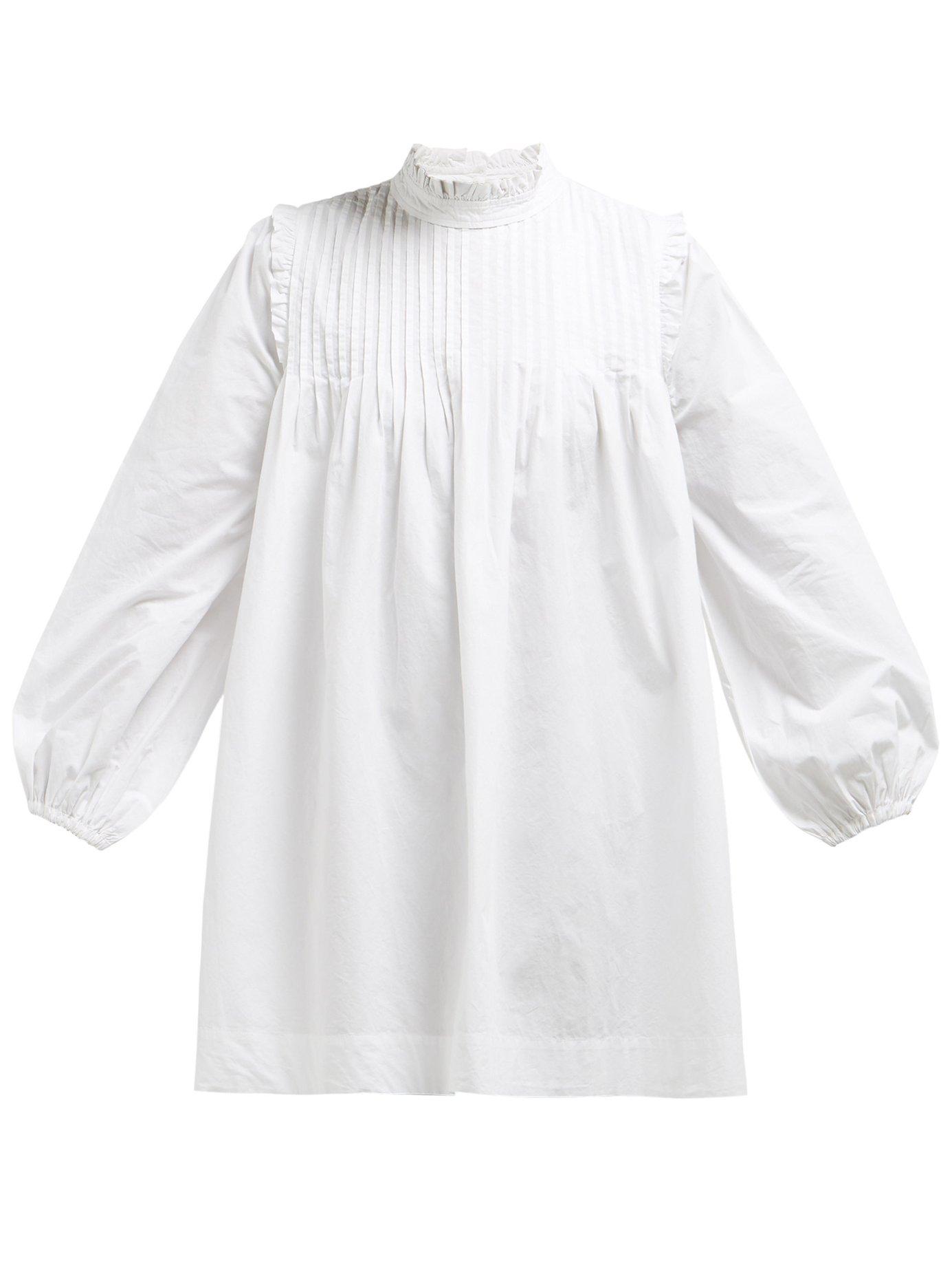Ganni Slate Pintucked Cotton Poplin Dress in White | Lyst