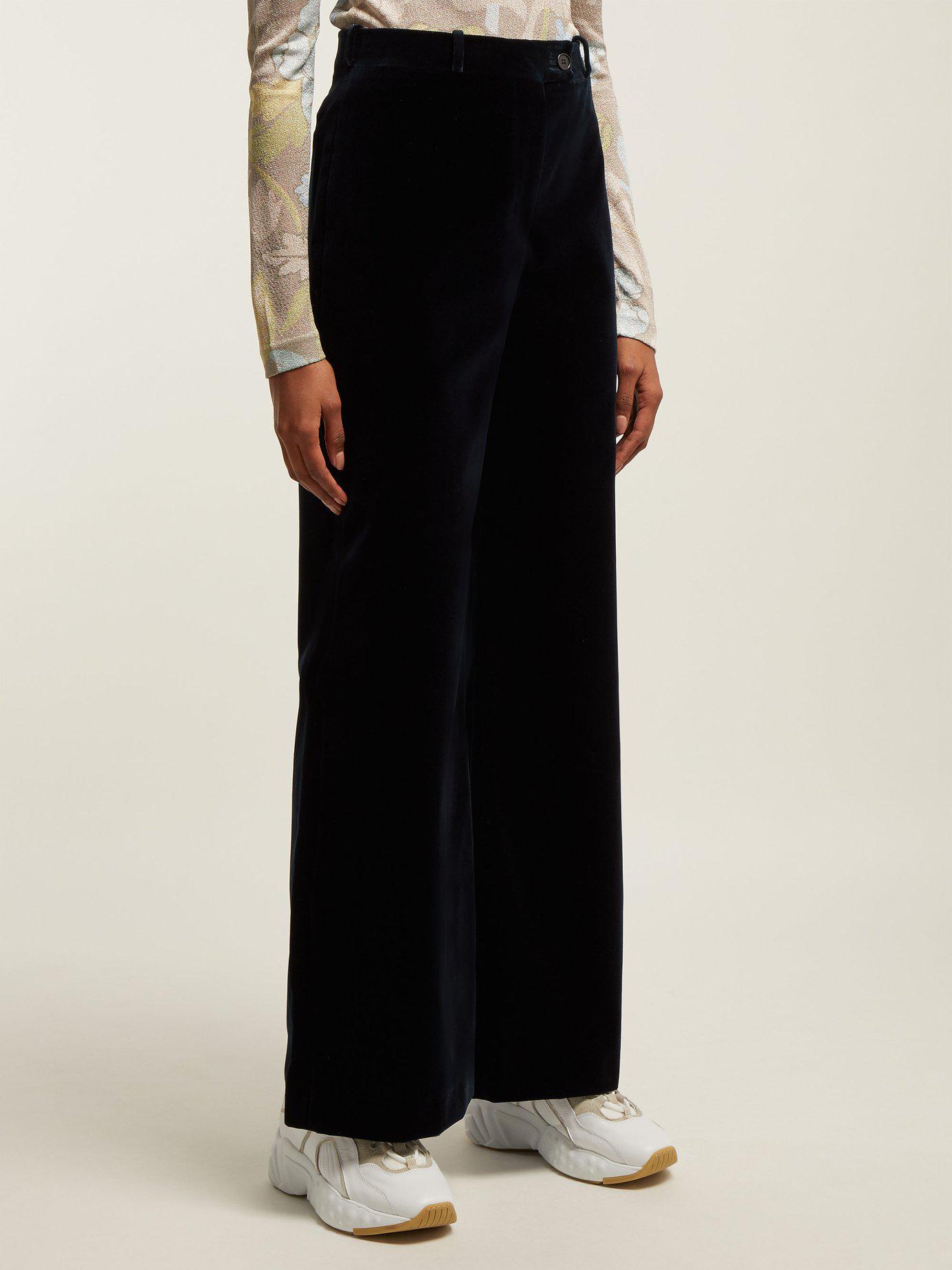 navy velvet wide leg trousers