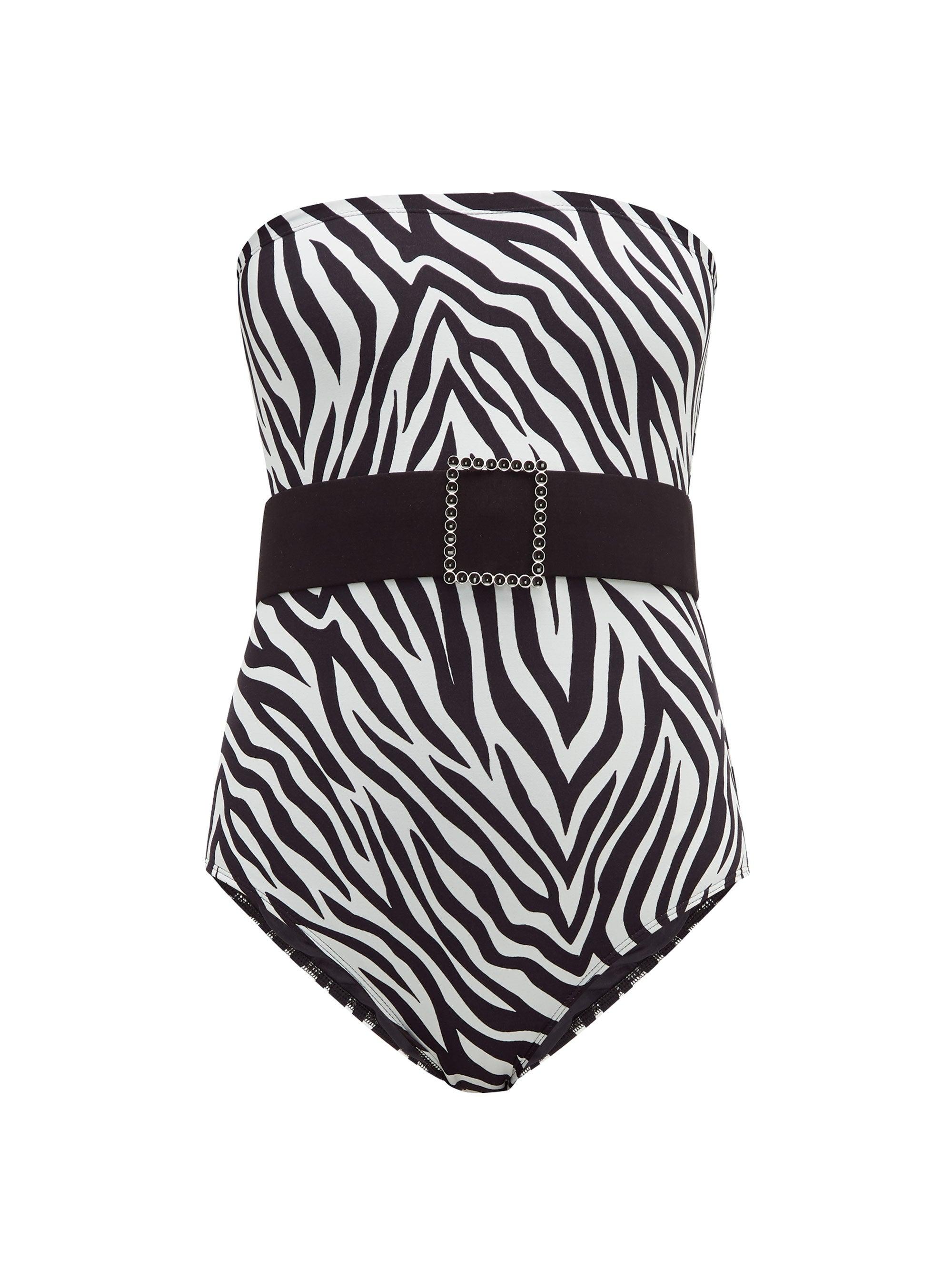 Leslie Amon Sacha Belted Zebra-print Bandeau Swimsuit in Black White ...