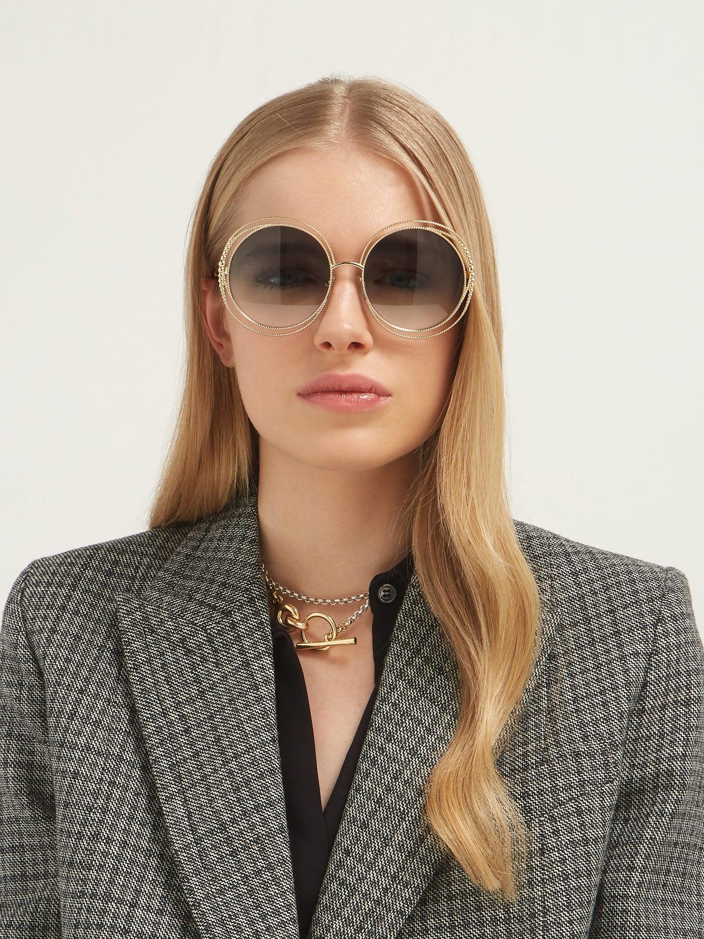 Chloé Carlina Oversized Round Metal Sunglasses in Green | Lyst