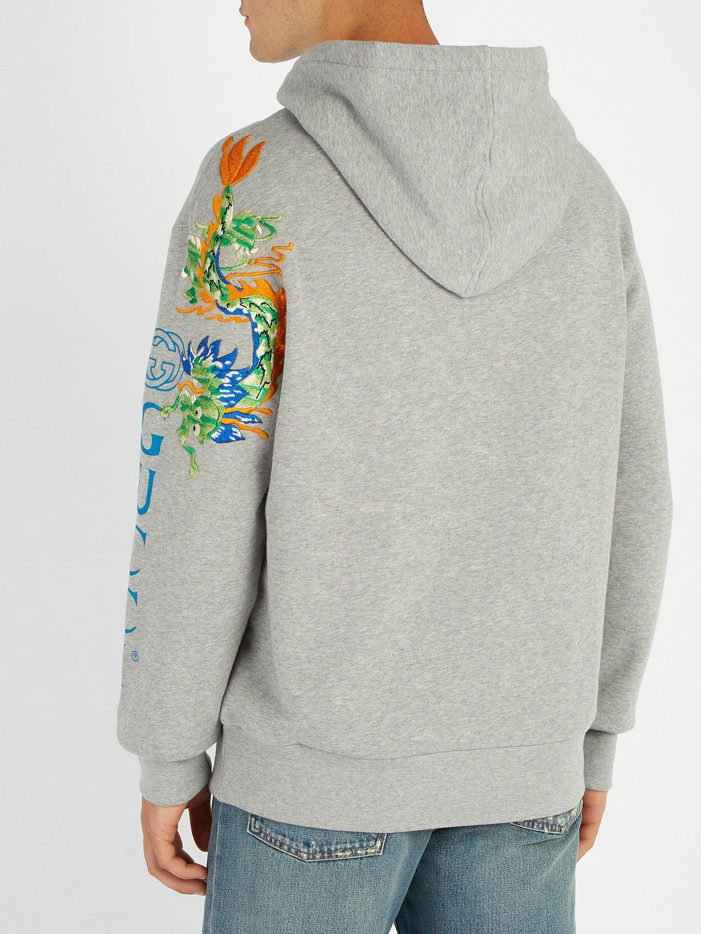 Gucci Cotton Dragon And Logo Hooded Sweatshirt in Grey (Gray) for Men | Lyst