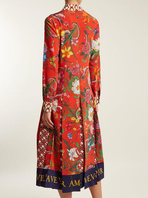 Gucci Patchwork Print Silk Dress in Red | Lyst