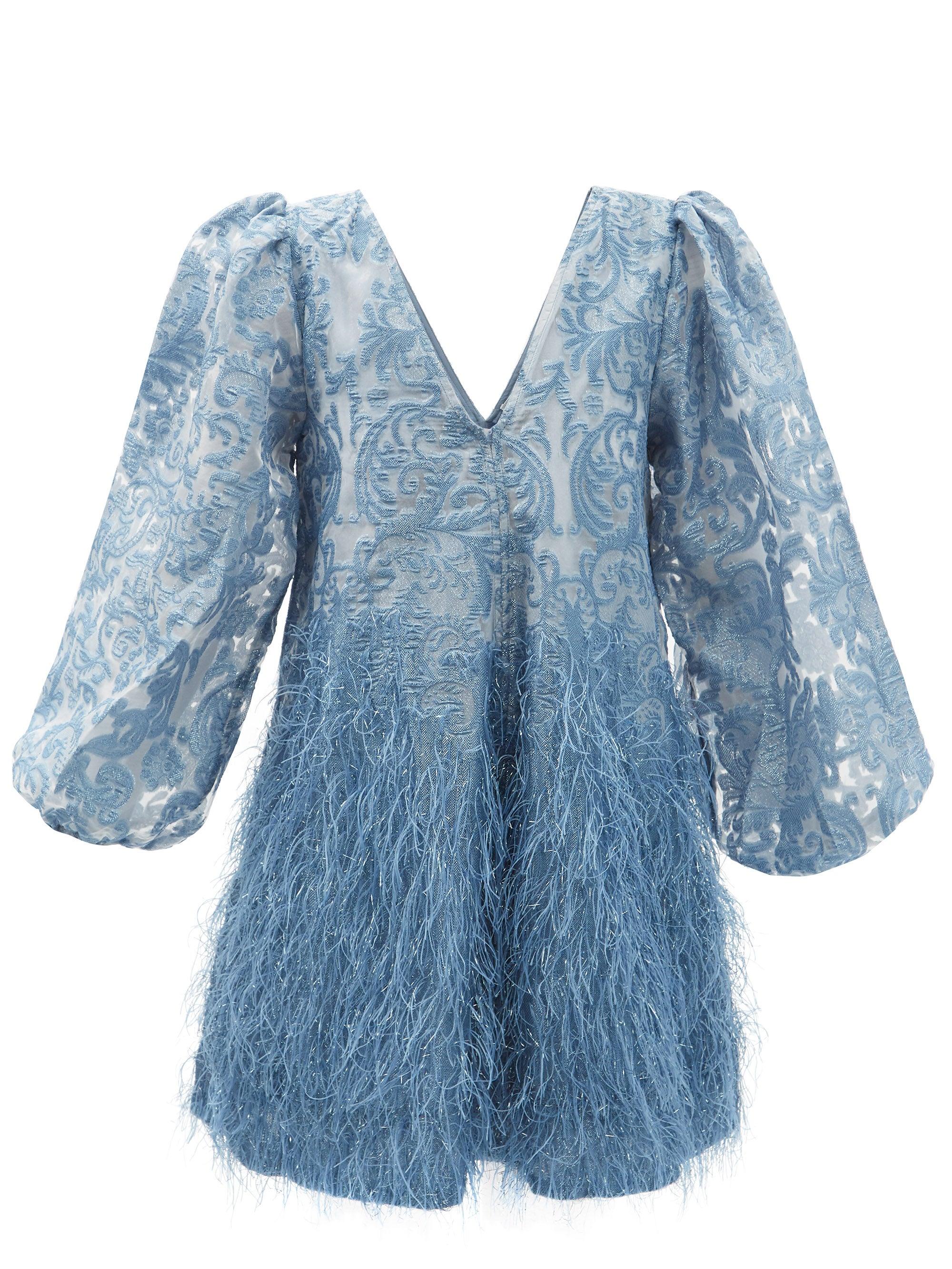 Ganni Feather-trim Brocade Mini Dress in Blue | Lyst