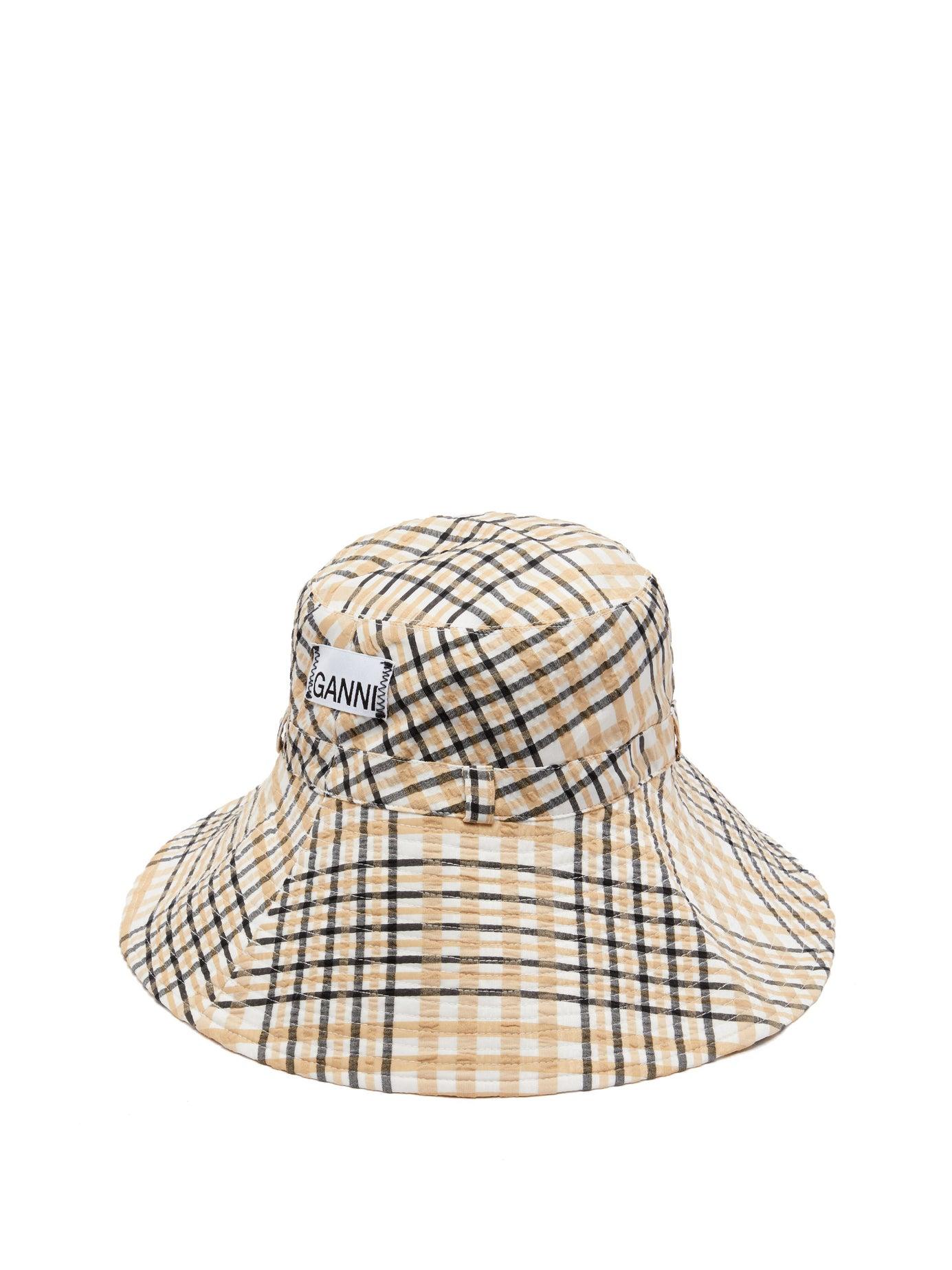 Ganni Checked Seersucker Bucket Hat in Natural | Lyst