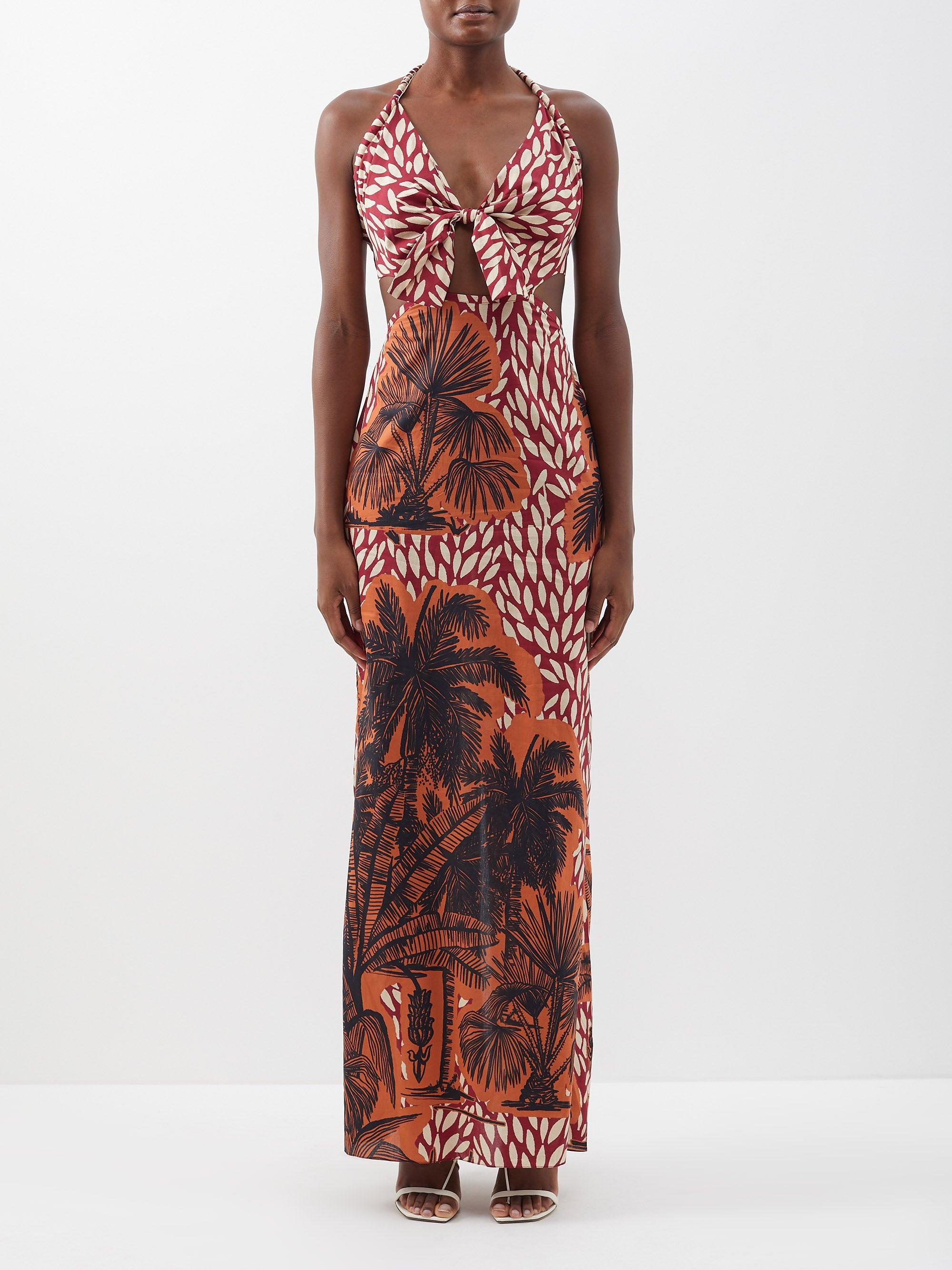 Johanna Ortiz Comunidades Exoticas Palmprint Cotton Maxi Dress in Red