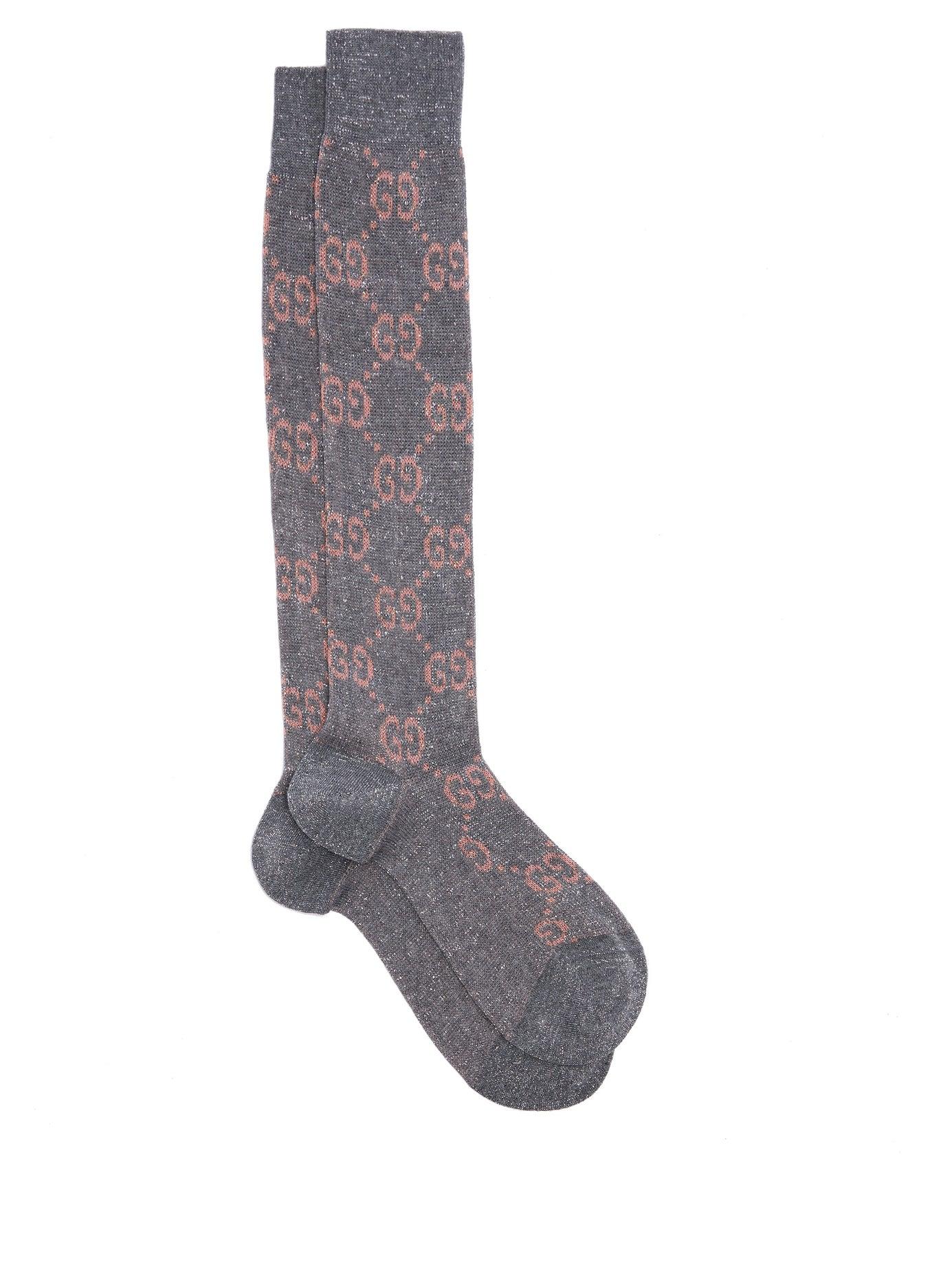 Gucci Gg Intarsia Knee High Cotton Blend Lamé Socks in Gray Lyst