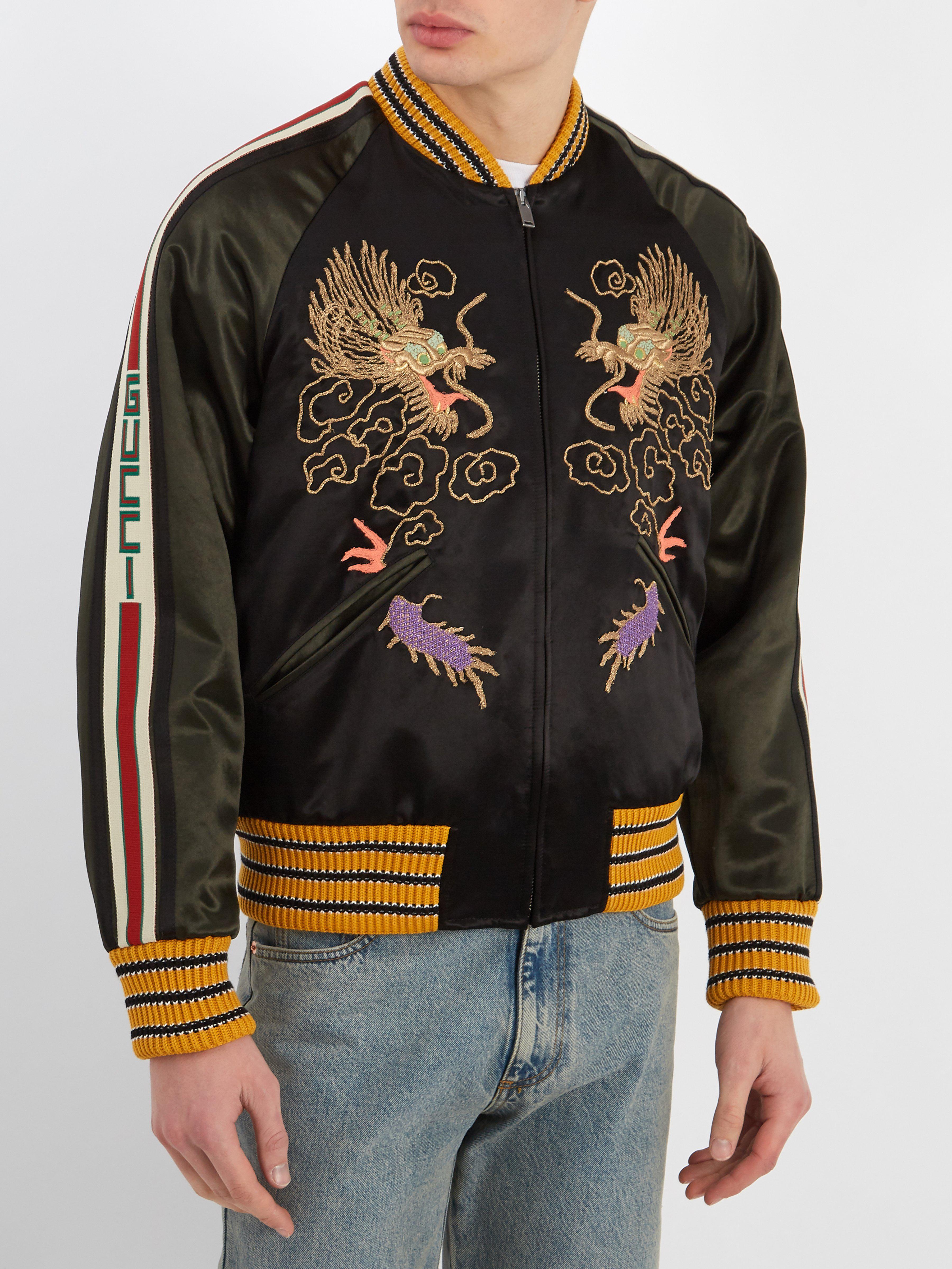 Gucci Satin Dragon Embroidered Bomber Jacket in Black for Men - Lyst