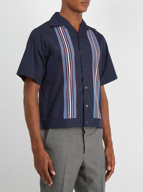 Prada Striped knit Detail Cotton Bowling Shirt in Blue for Men Lyst