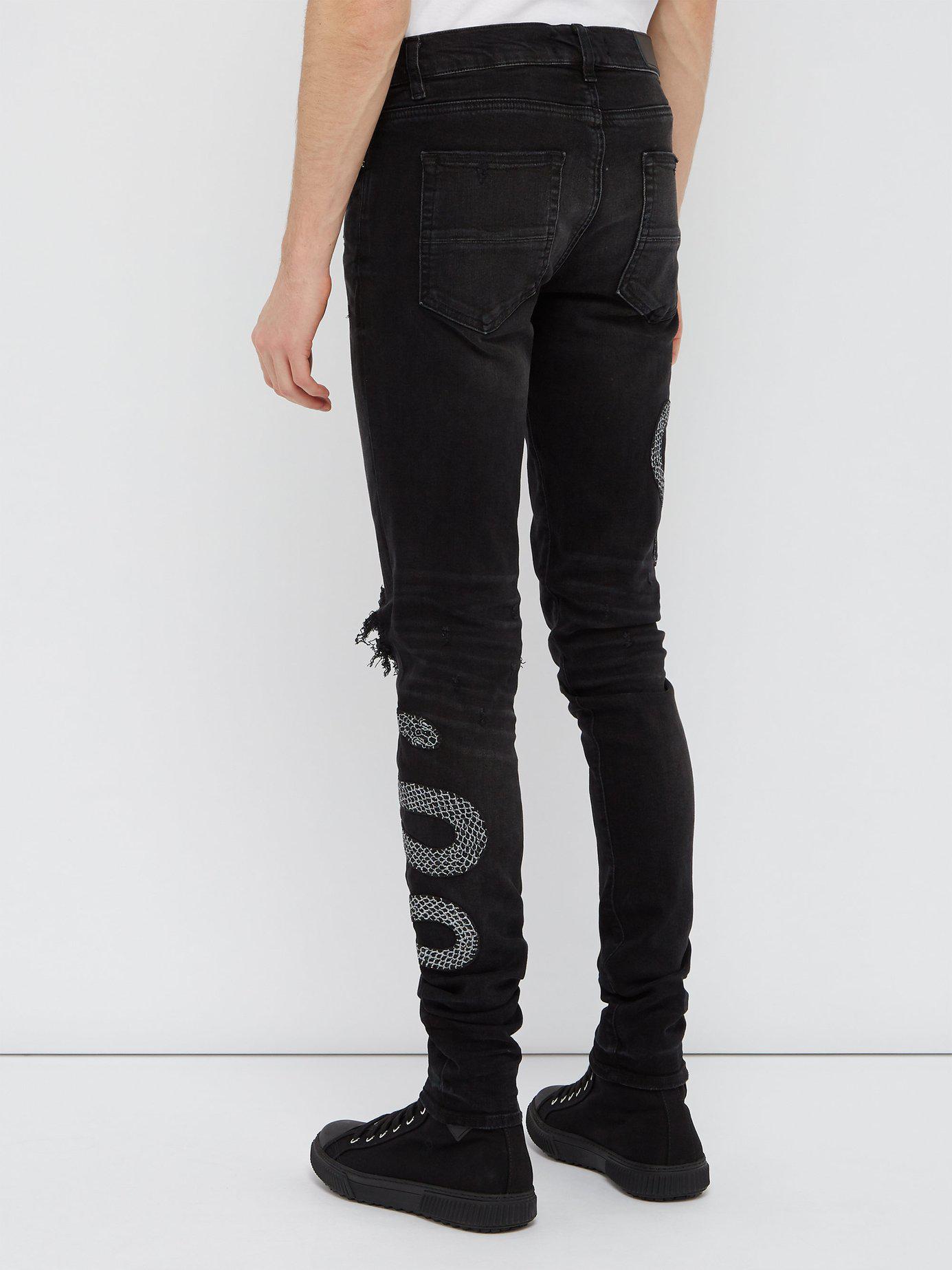 Amiri Denim Snake Embroidered Distressed Skinny Jeans in Black for Men ...