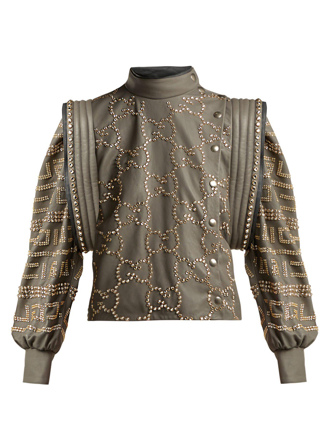 Gucci Crystal Embellished Leather Jacket in Gray | Lyst