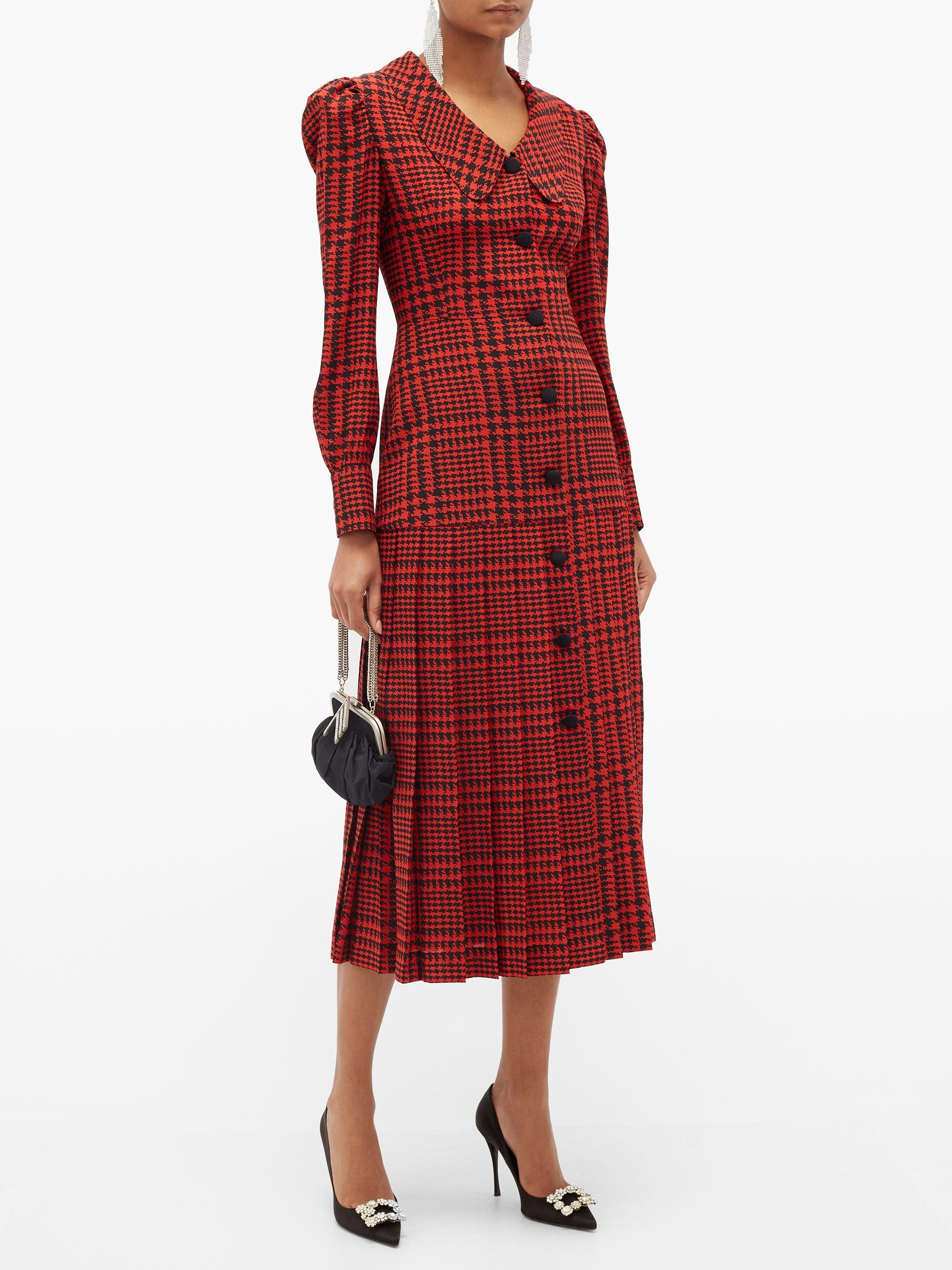Alessandra Rich Pleated Houndstooth Silk-crepe Midi Dress in Black Red ...
