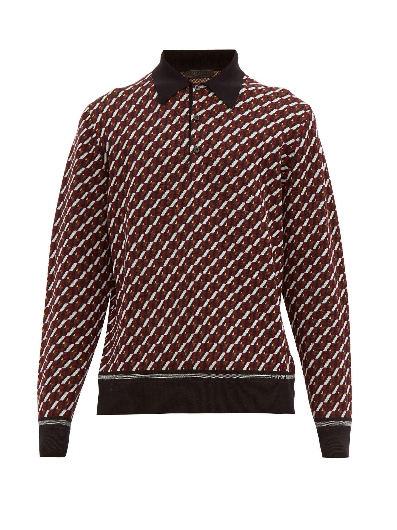 Prada Geometric-jacquard Long-sleeved Polo Shirt in Black for Men | Lyst