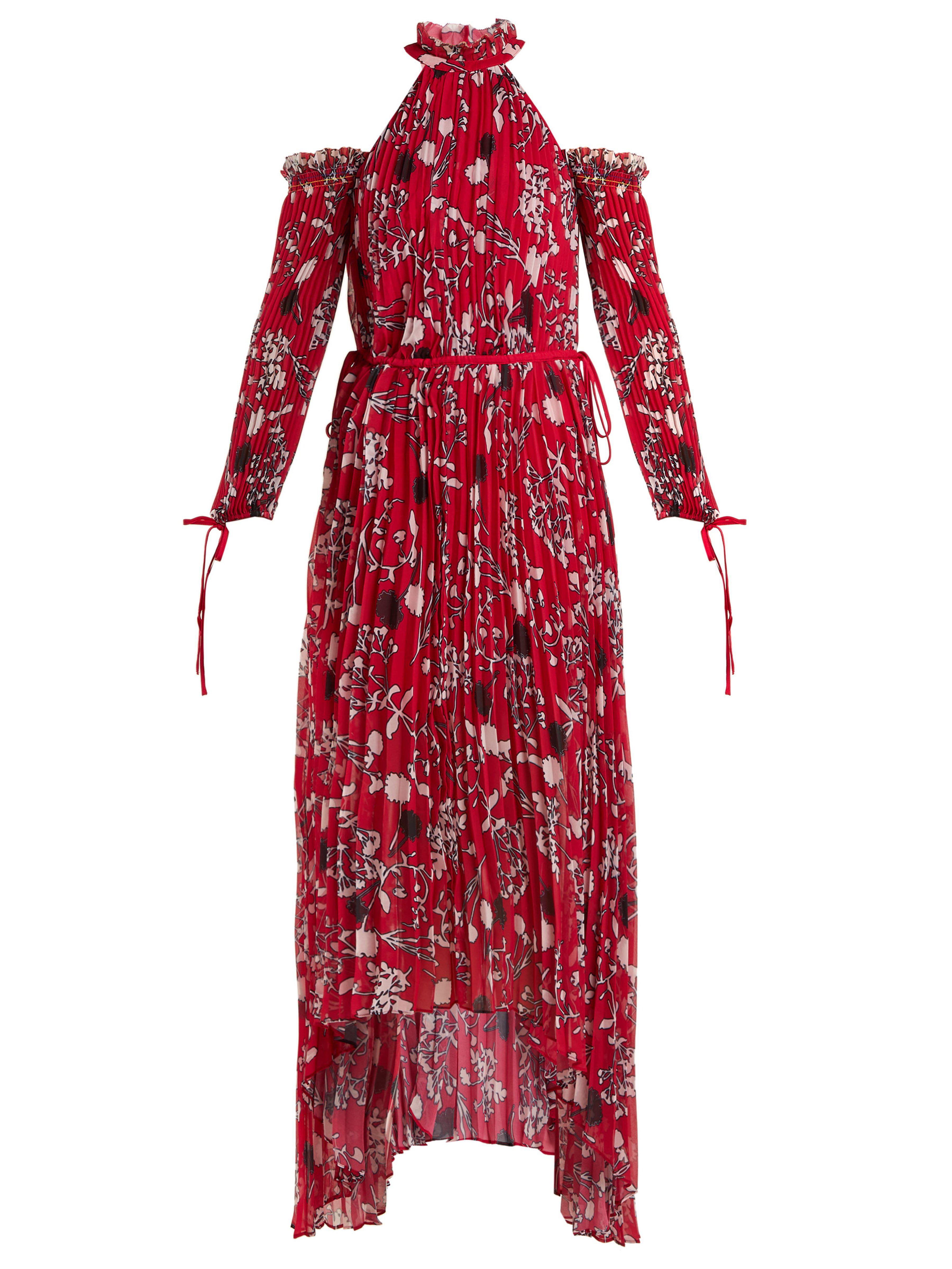 Self-Portrait Chiffon Floral Print Pleated Midi Dress in Red - Lyst