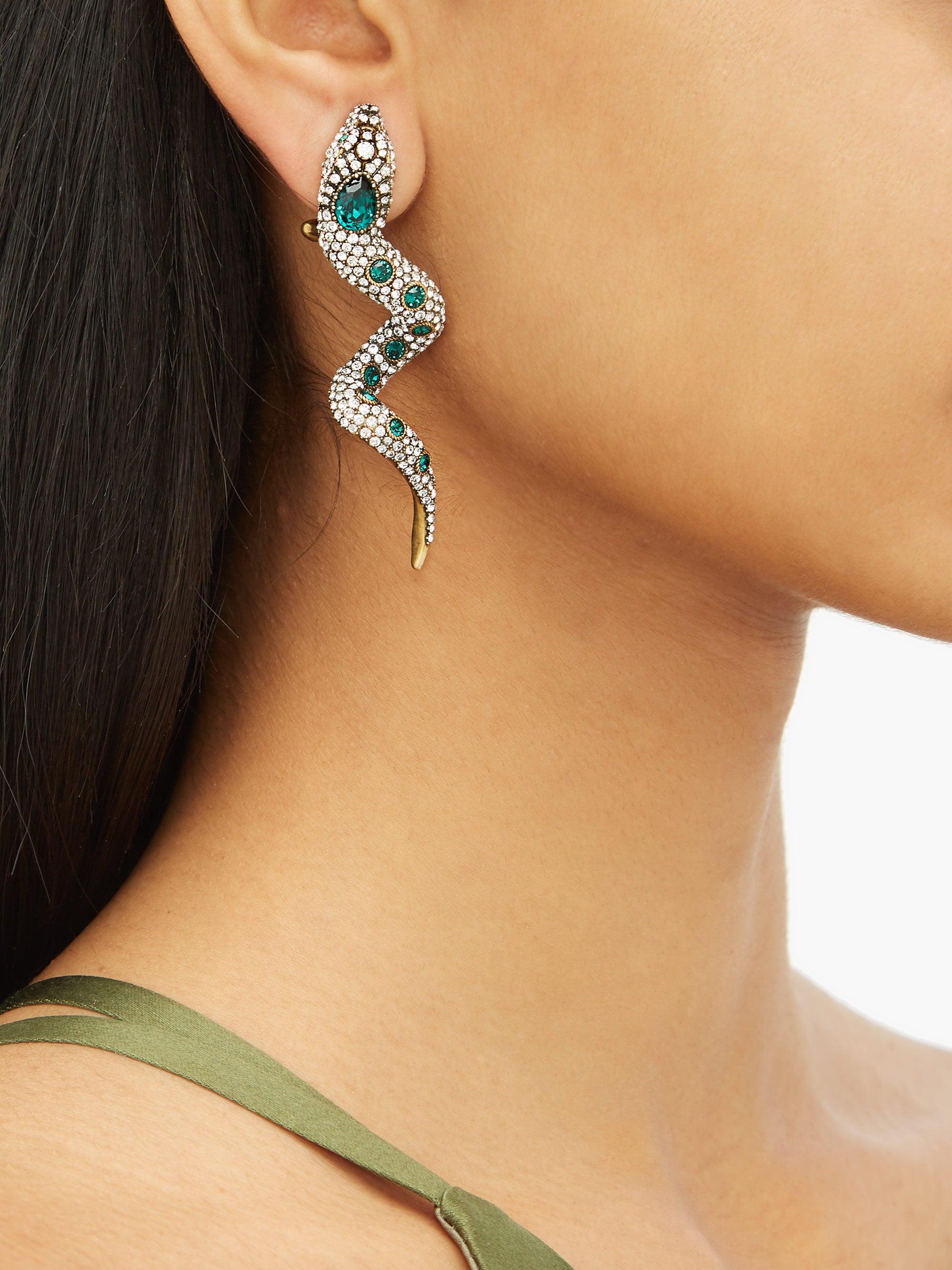Gucci Snake Earrings With Crystals in Green | Lyst