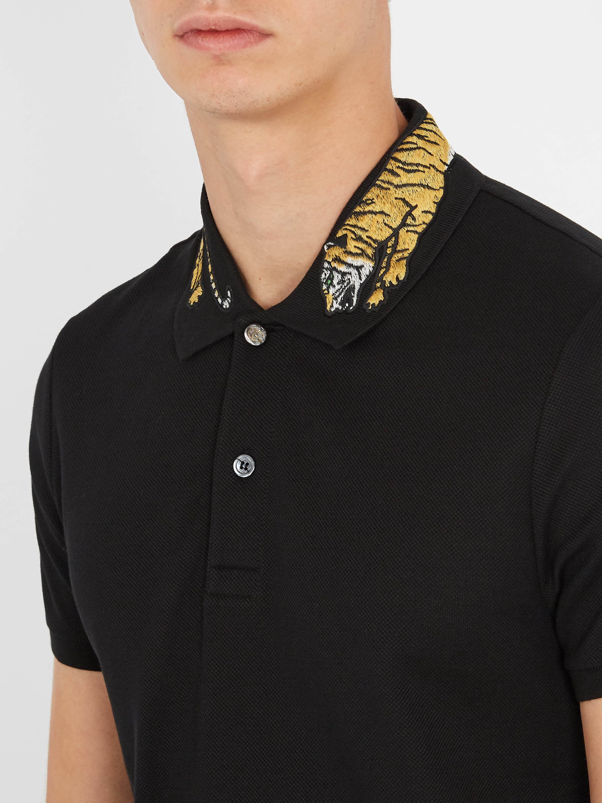 Gucci Tiger-appliqué Cotton-blend Piqué Polo Shirt in Black for Men - Lyst