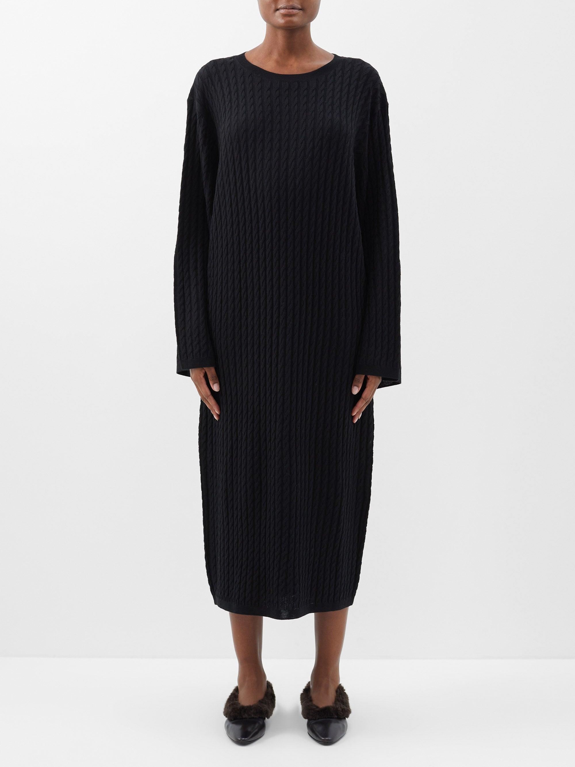Totême Cable-knit Wool Midi Dress in Black | Lyst