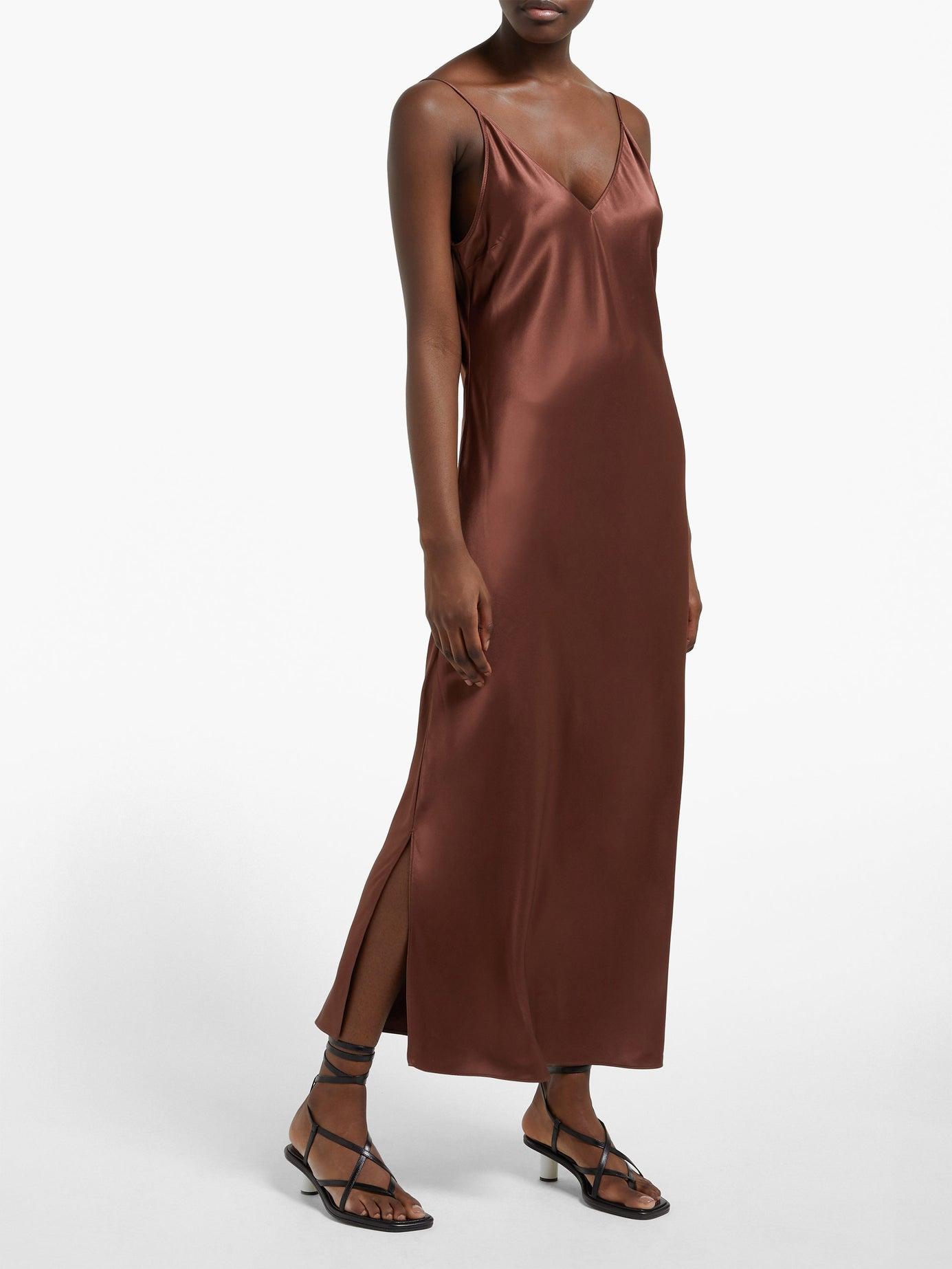 JOSEPH Clea Vneck Satin Slip Dress in Brown Lyst