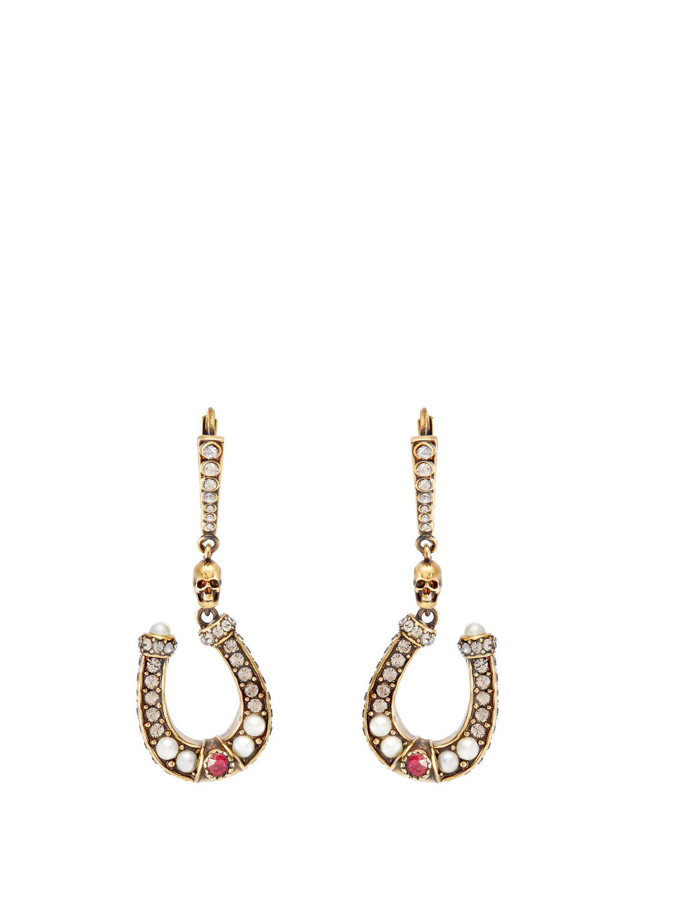 Alexander McQueen Horseshoe Pavé Crystal Drop Earrings in Gold