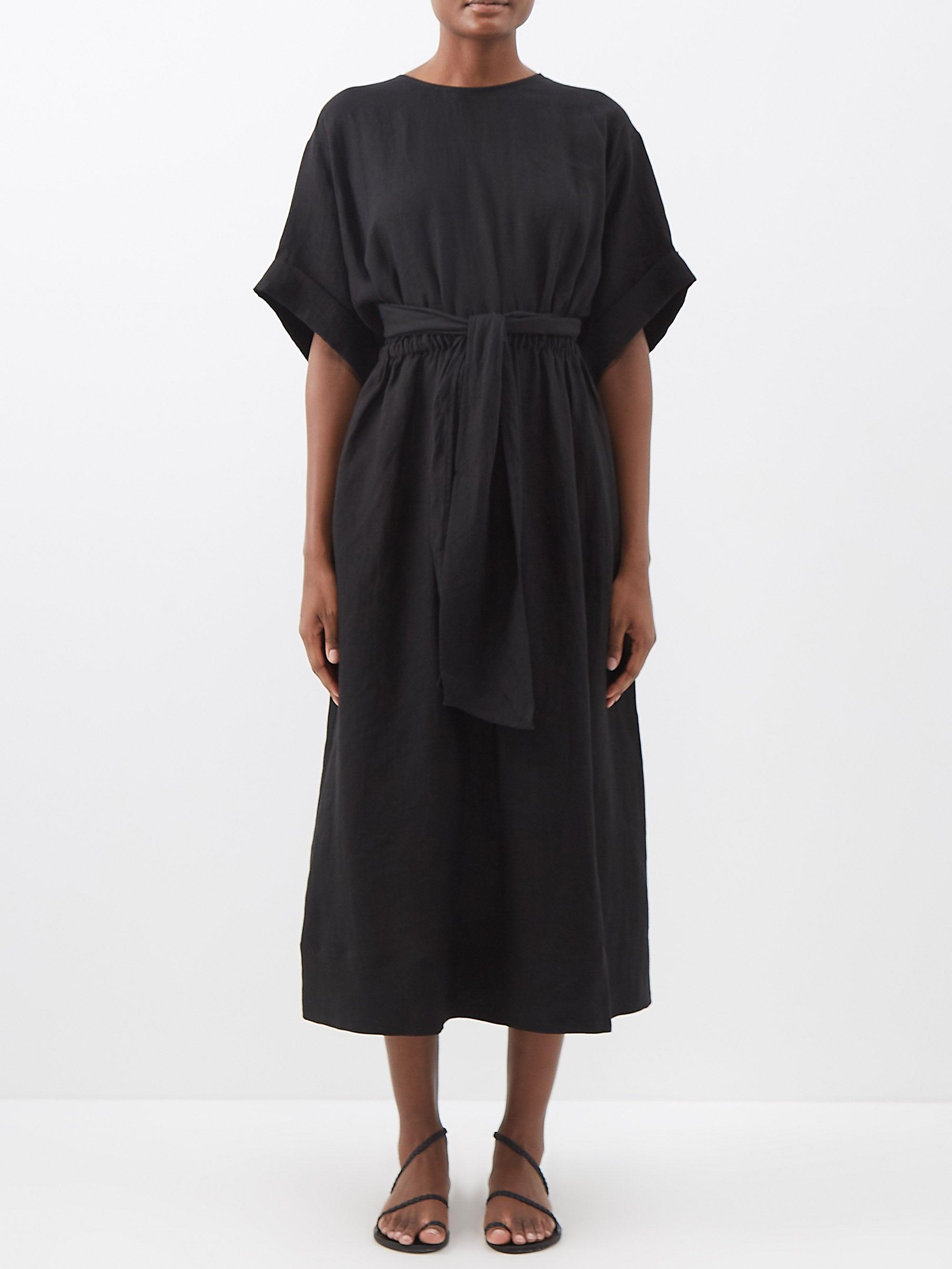 Three Graces London Elena Linen Midi Dress in Black | Lyst UK