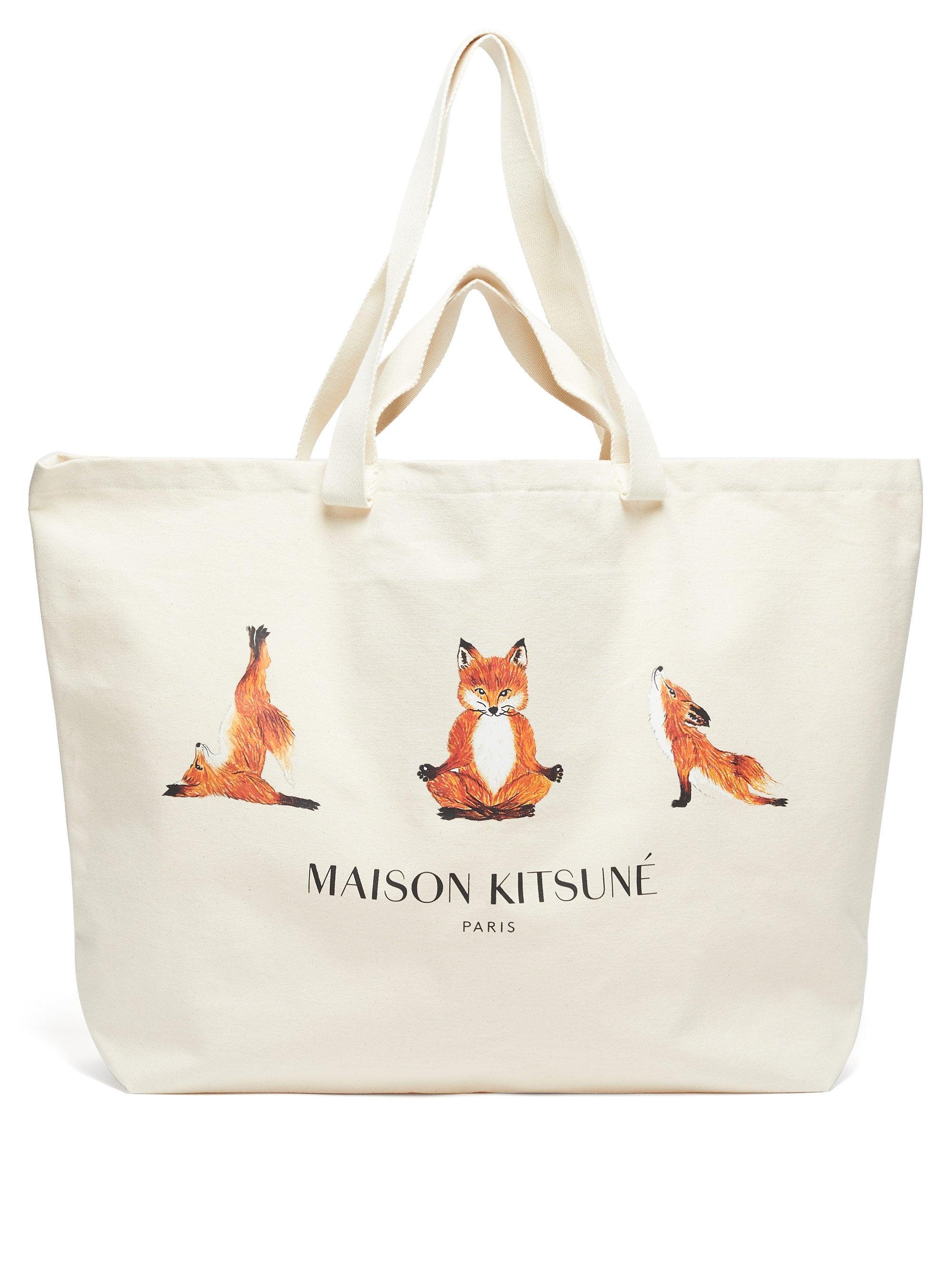 Maison Kitsuné Yoga Fox-print Cotton-canvas Tote Bag in Natural
