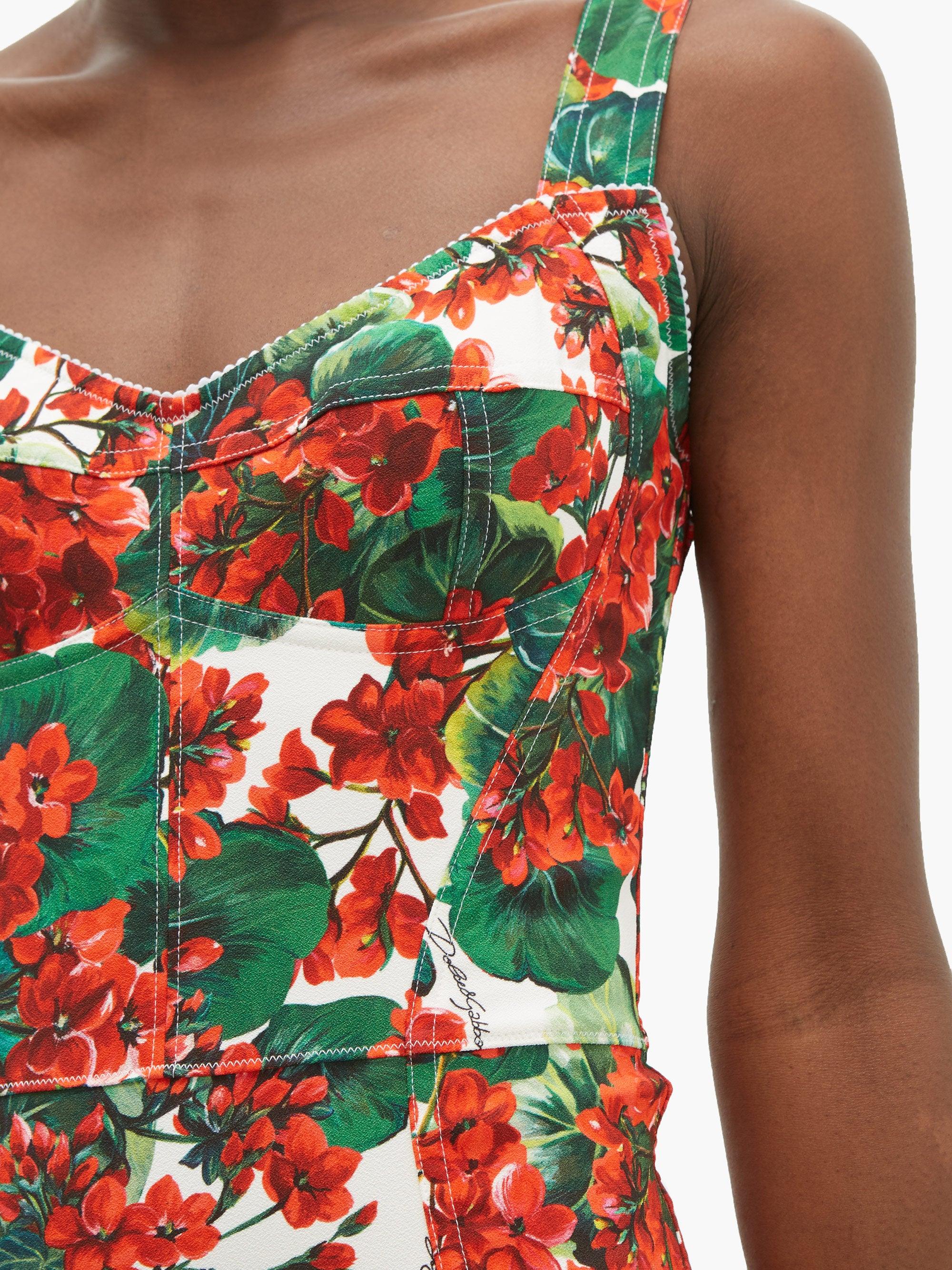 Dolce u0026 Gabbana Geranium-print Pannelled Midi Dress in Red | Lyst UK