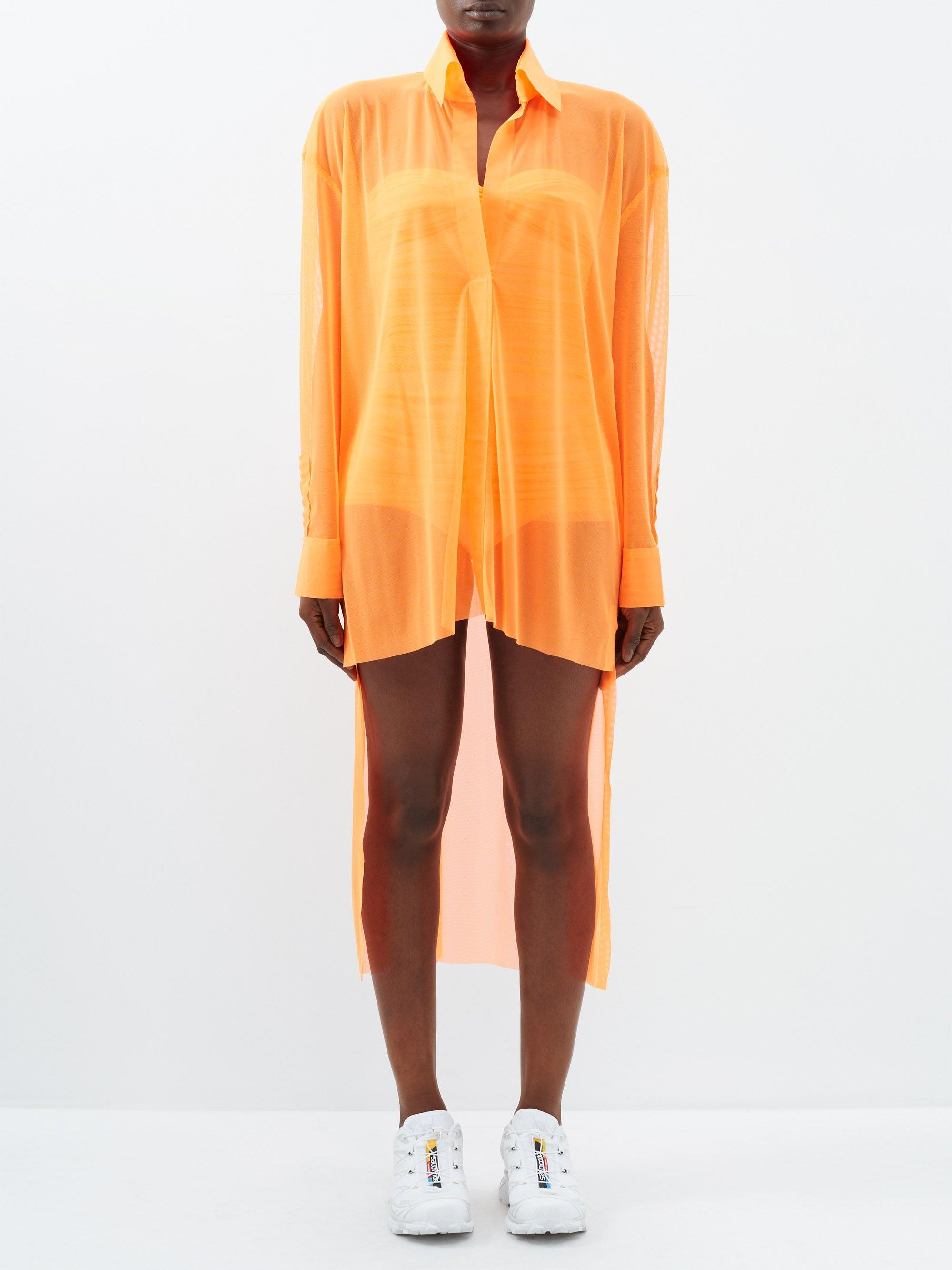 Norma Kamali Hi Low Oversized Mesh Shirt in Orange | Lyst