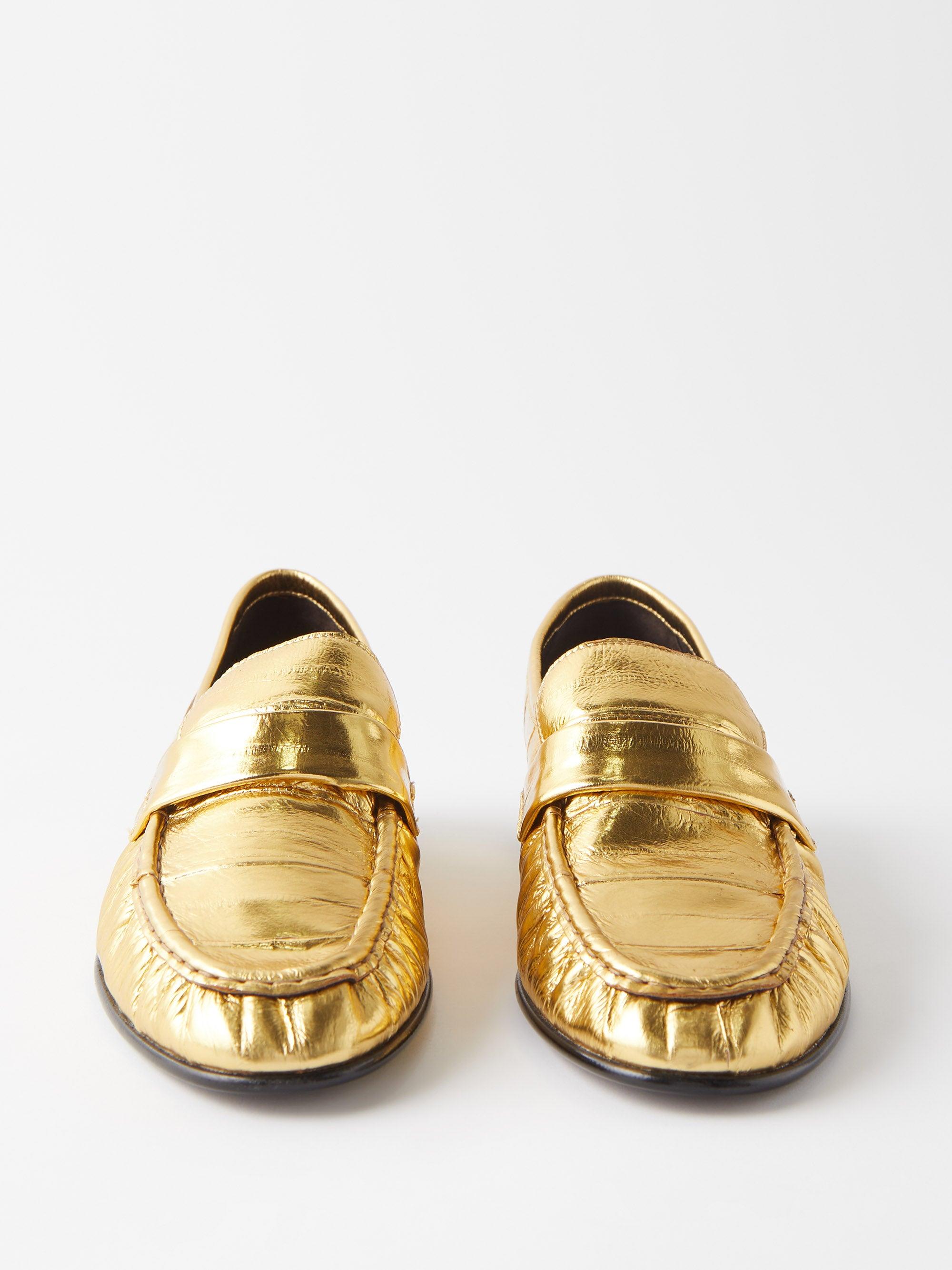 The Row Gathered Metallic Eel Leather Loafers | Lyst