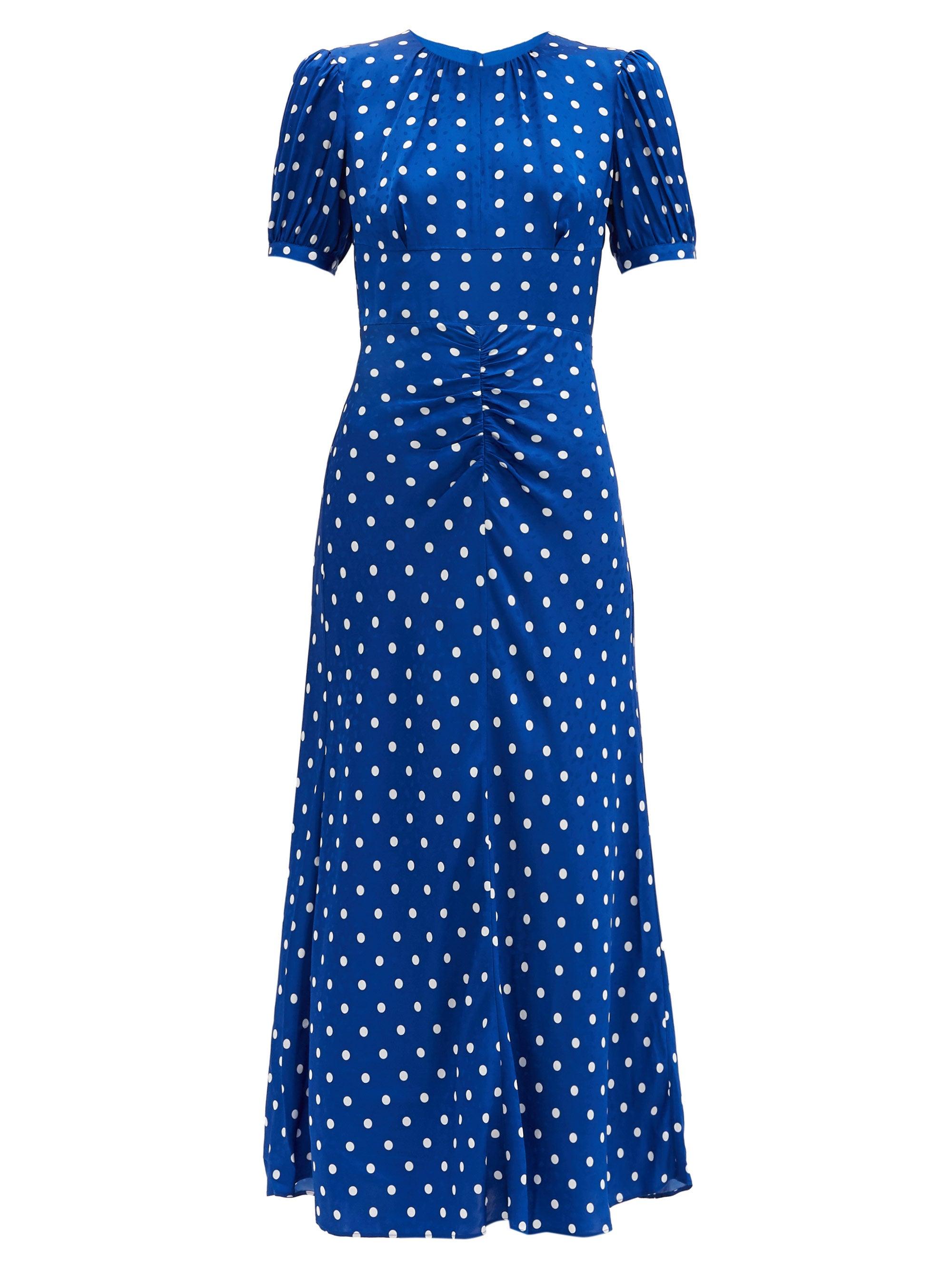 Self-Portrait Polka-dot Satin Midi Dress in Blue - Lyst