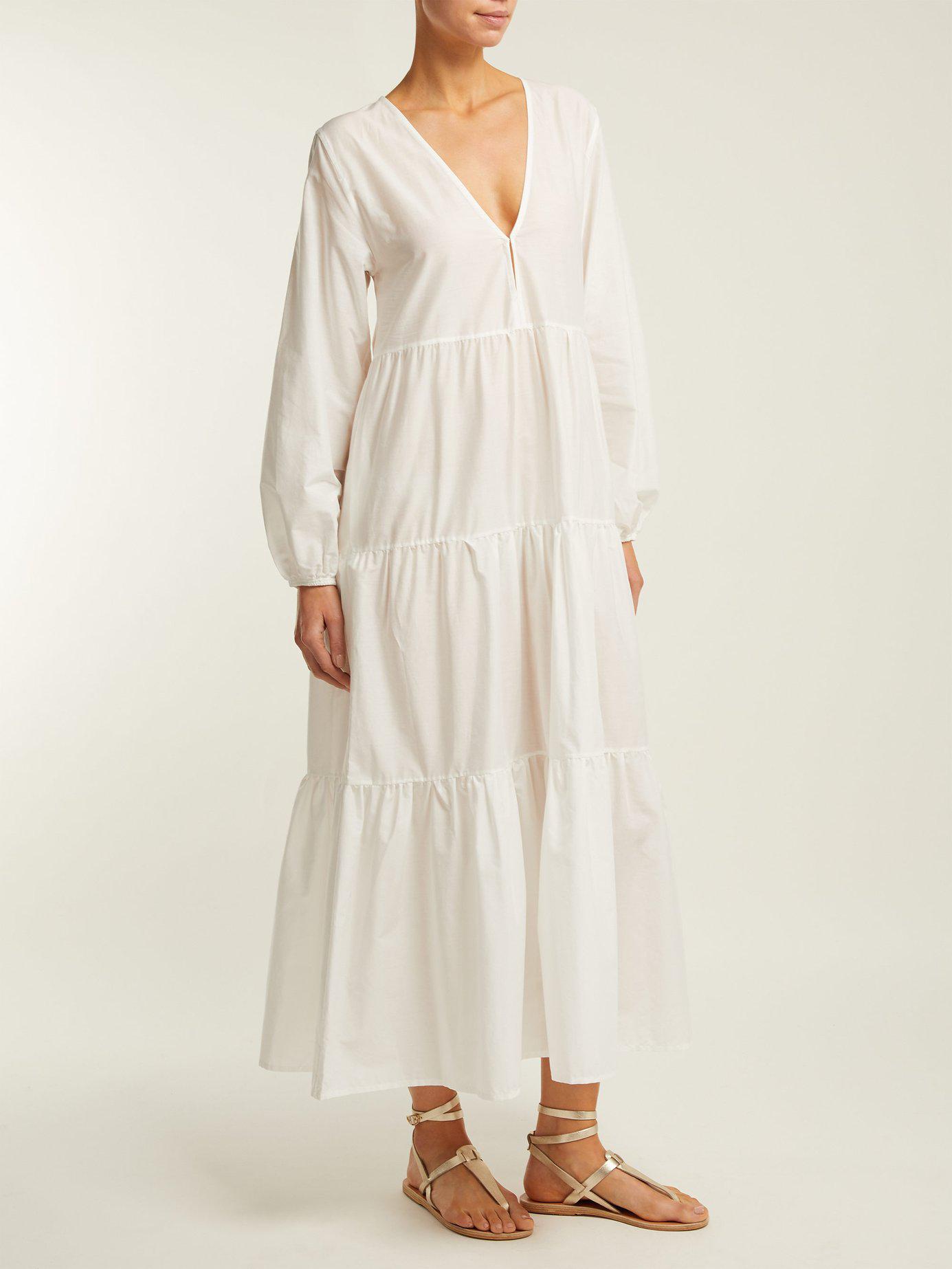 Long Sleeve Tiered Cotton Midi Dress ...