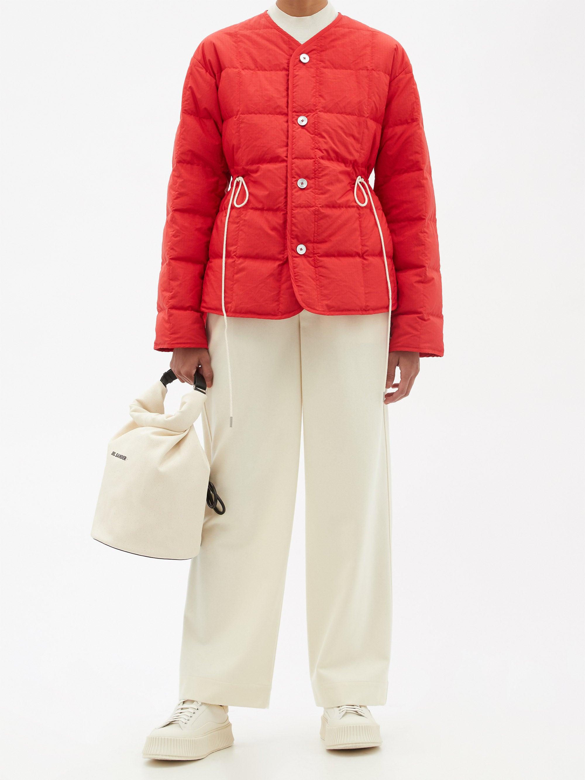 red collarless jacket