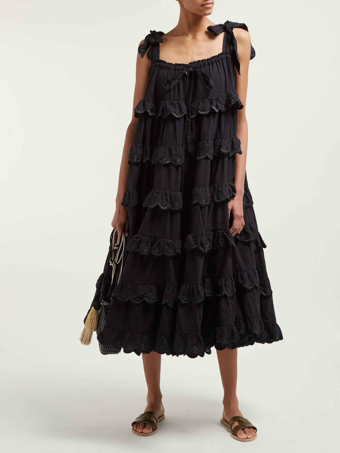 Innika Choo Iva Biigdres Tiered Cotton Midi Dress in Black - Lyst
