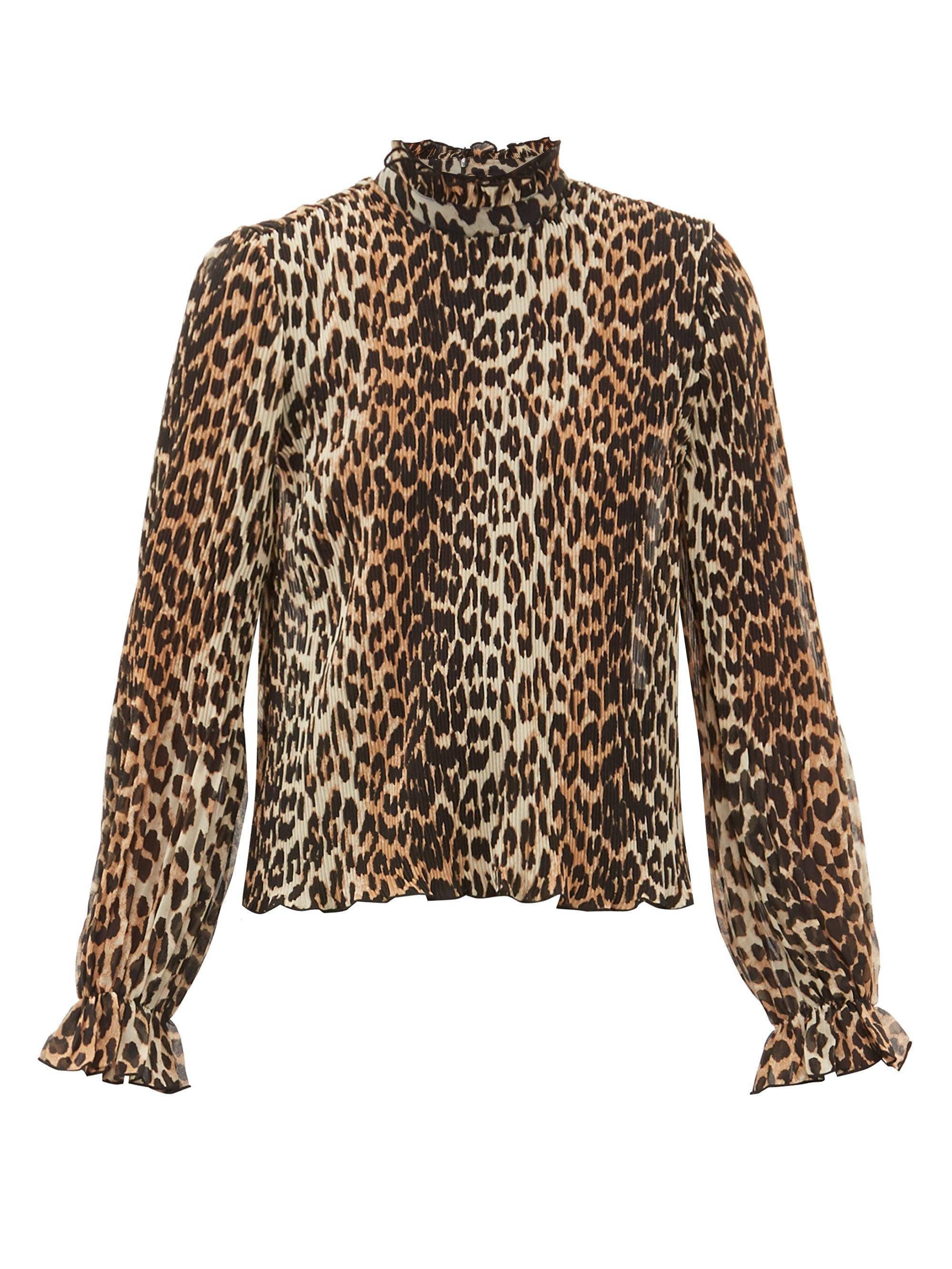 Ganni Ruffled-neck Leopard-print Plissé Georgette Top in Brown - Lyst