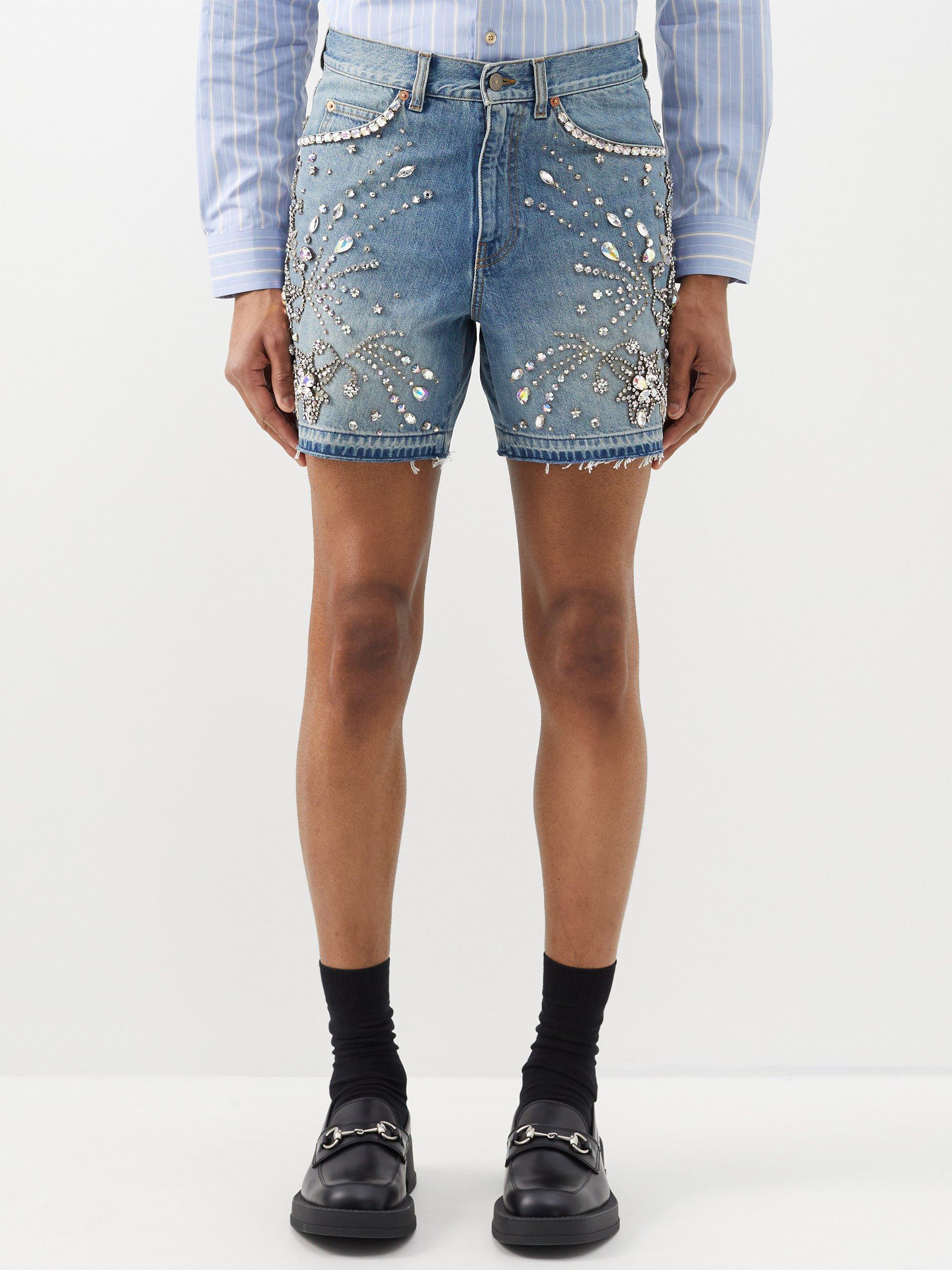 Gucci Crystal-embellished Denim Shorts in Blue for Men | Lyst