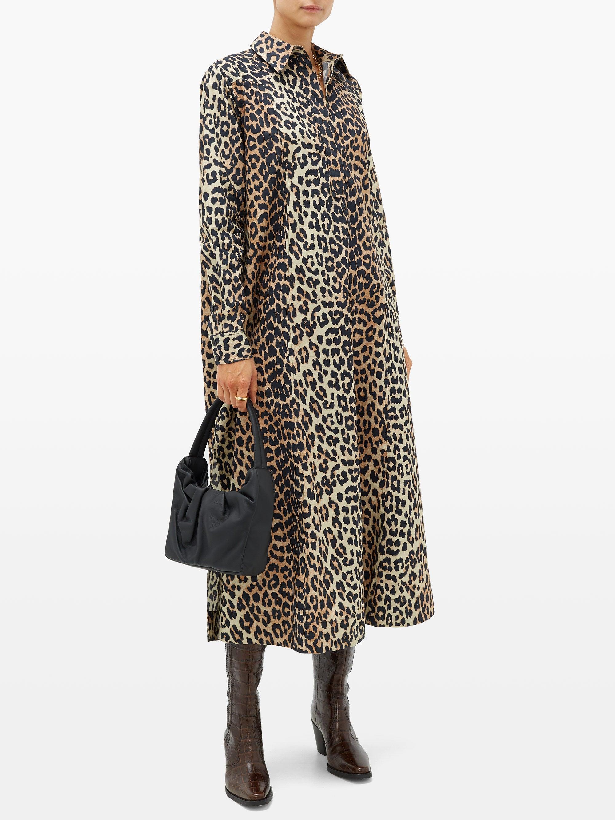 Ganni Leopard-print Cotton-poplin Shirt Dress | Lyst
