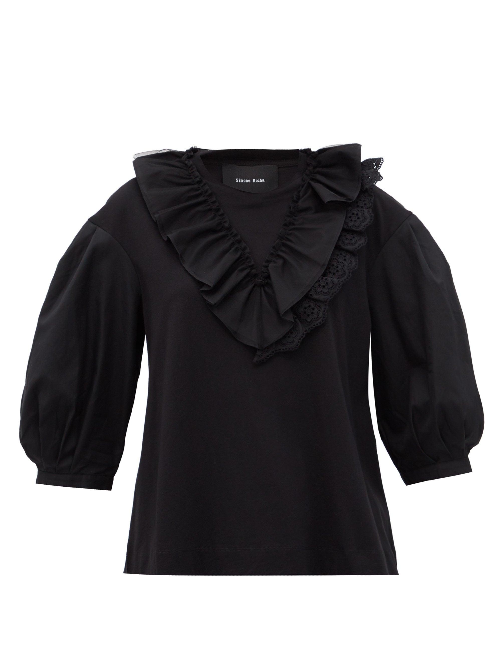 Simone Rocha Ruffled Puff-sleeve Cotton Top in Black - Lyst