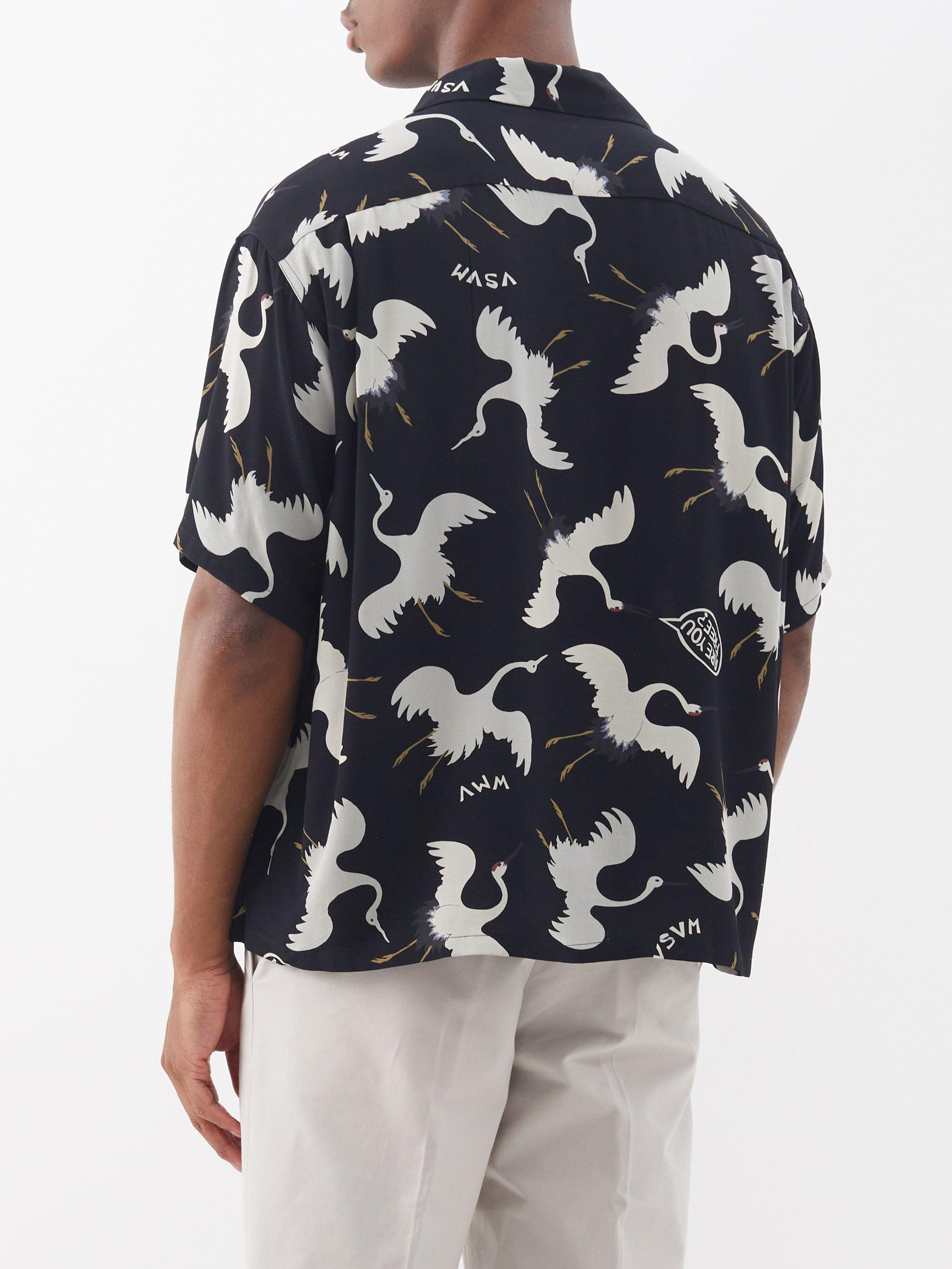 Visvim Crosby Crane-print Twill Short-sleeved Shirt in Blue for Men