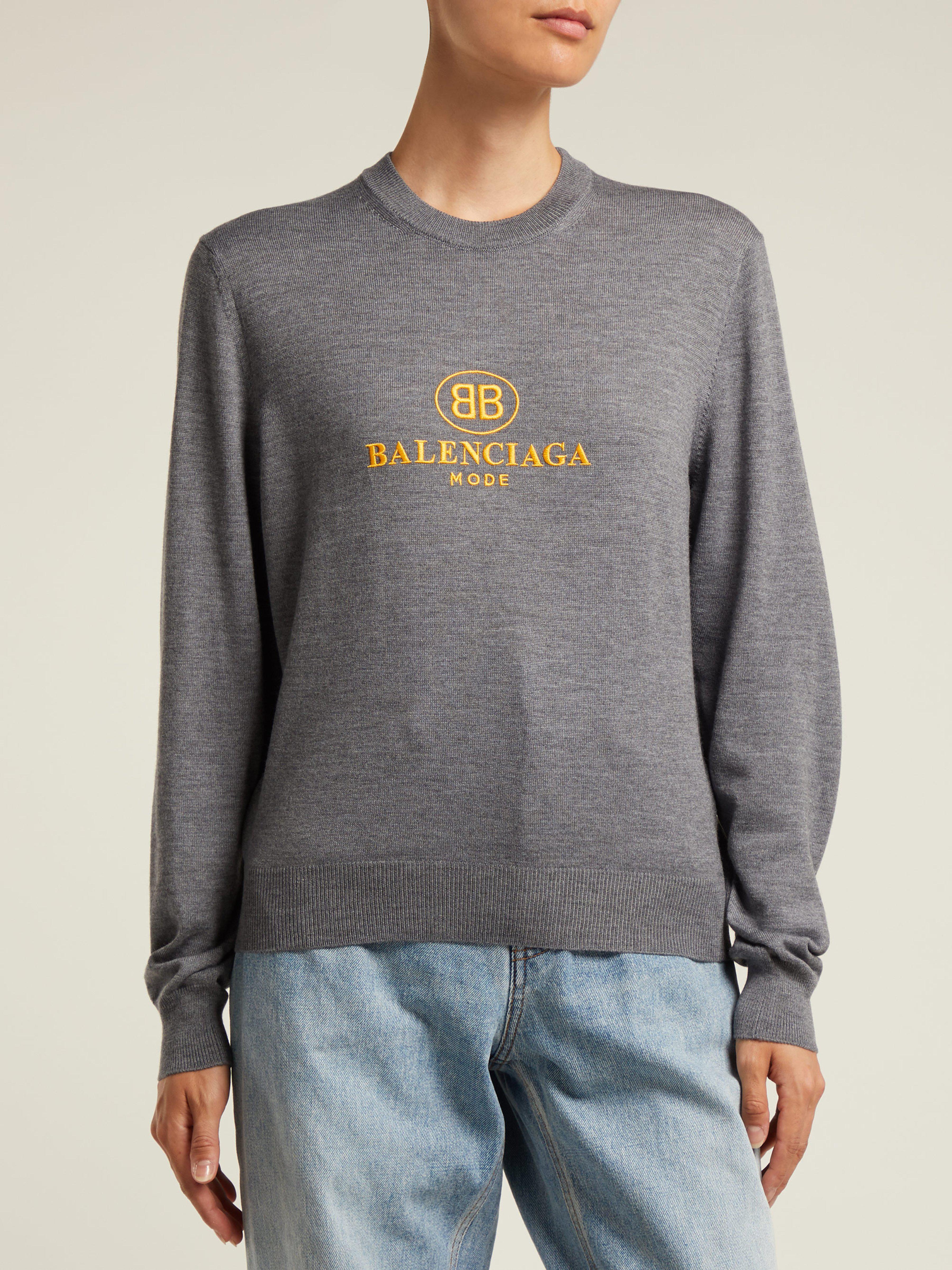 Balenciaga Logo Embroidered Virgin Wool Sweater in Grey ...